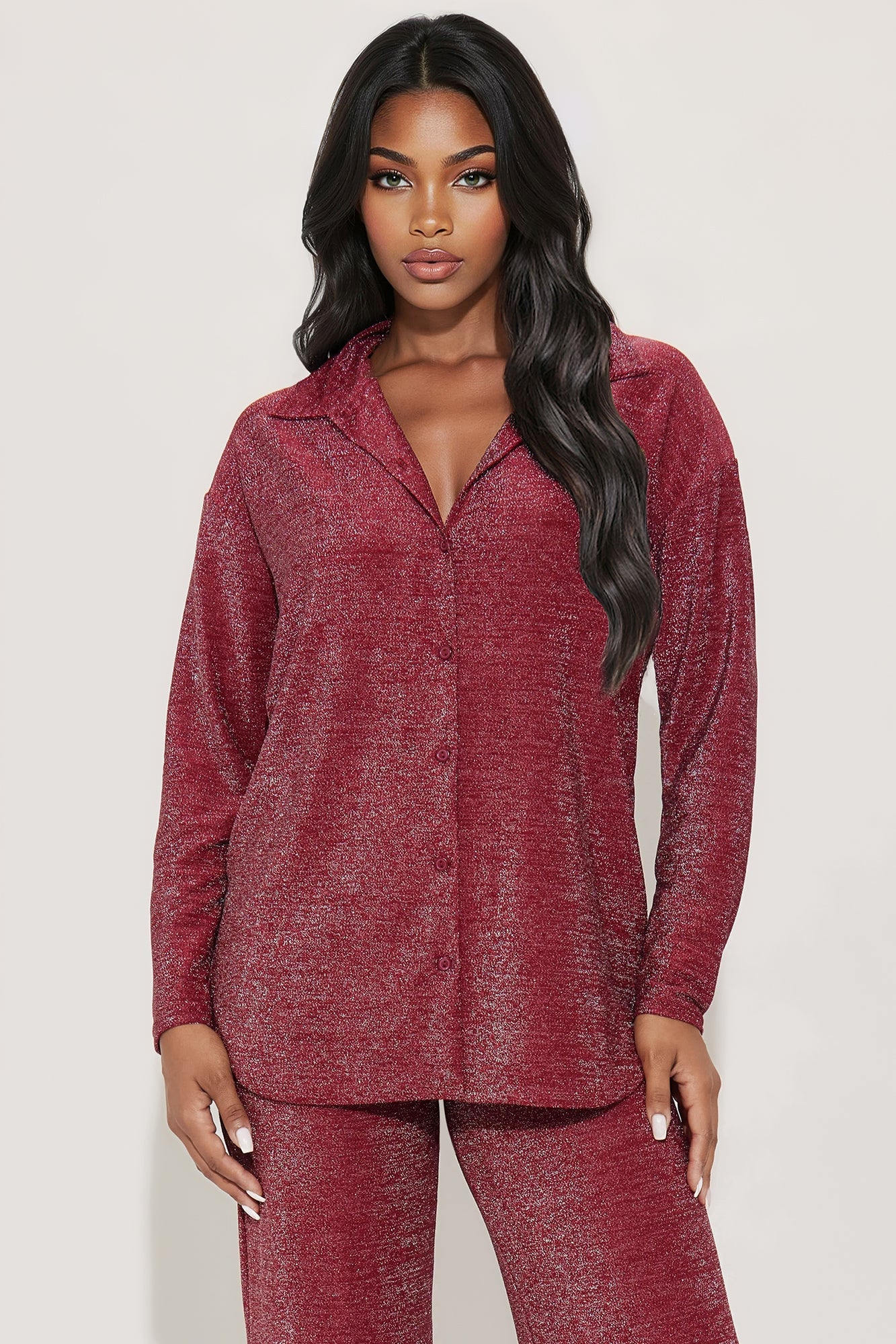 Klarissa Metallic Knit Pant Set - Burgundy