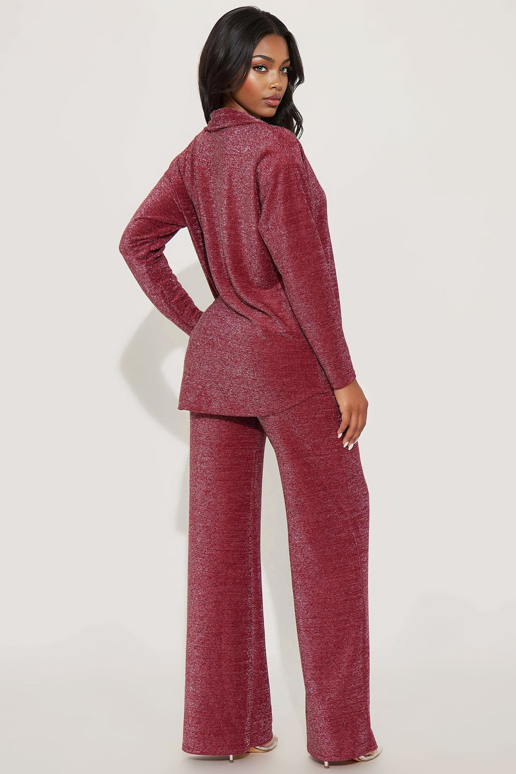 Klarissa Metallic Knit Pant Set - Burgundy