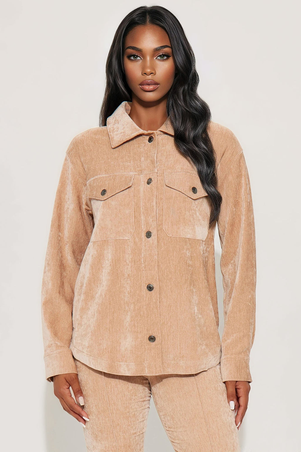 Corrina Velvet Shacket Pant Set - Taupe 