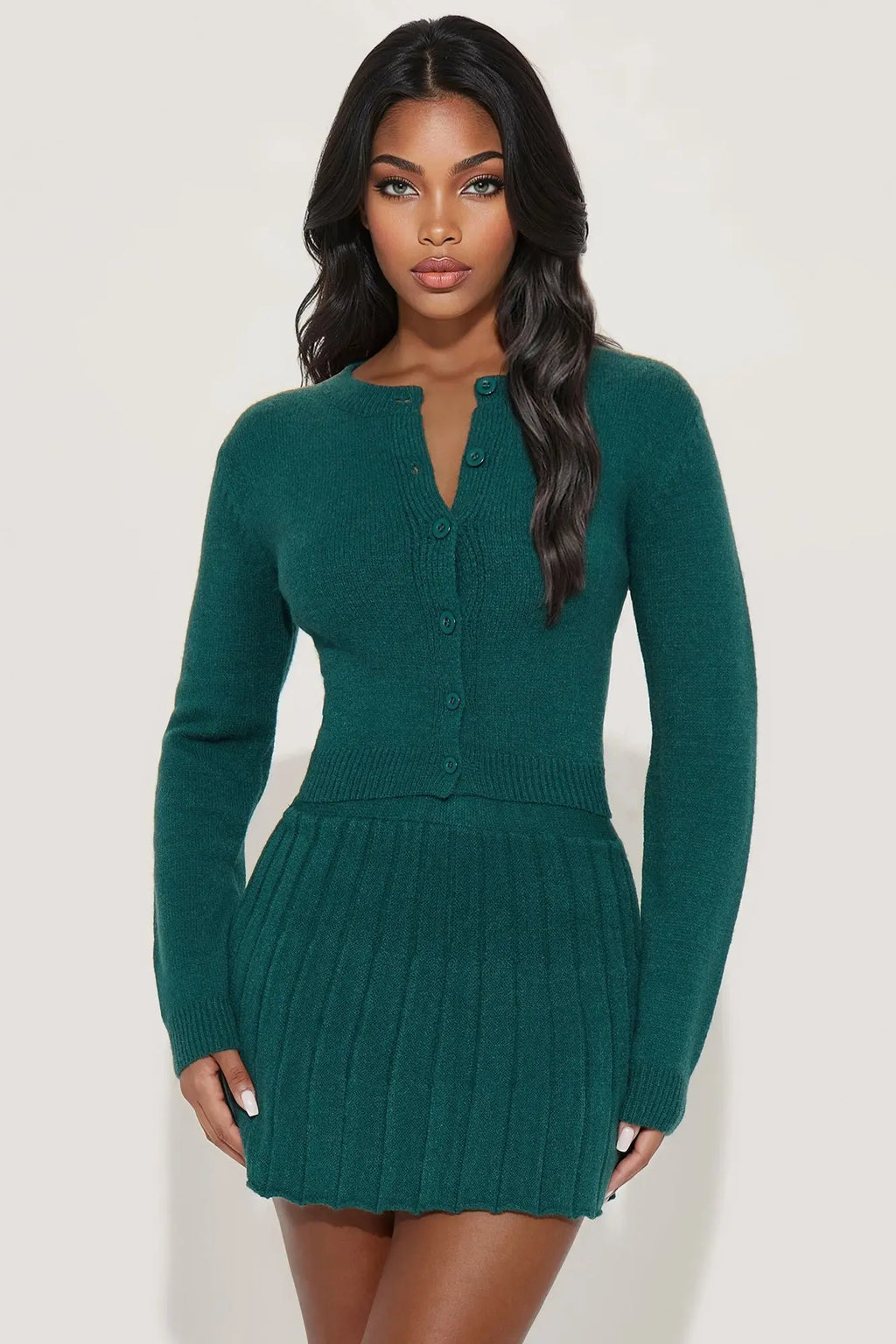 All Prepped Up Sweater Cardigan Mini Skirt Set - Hunter 