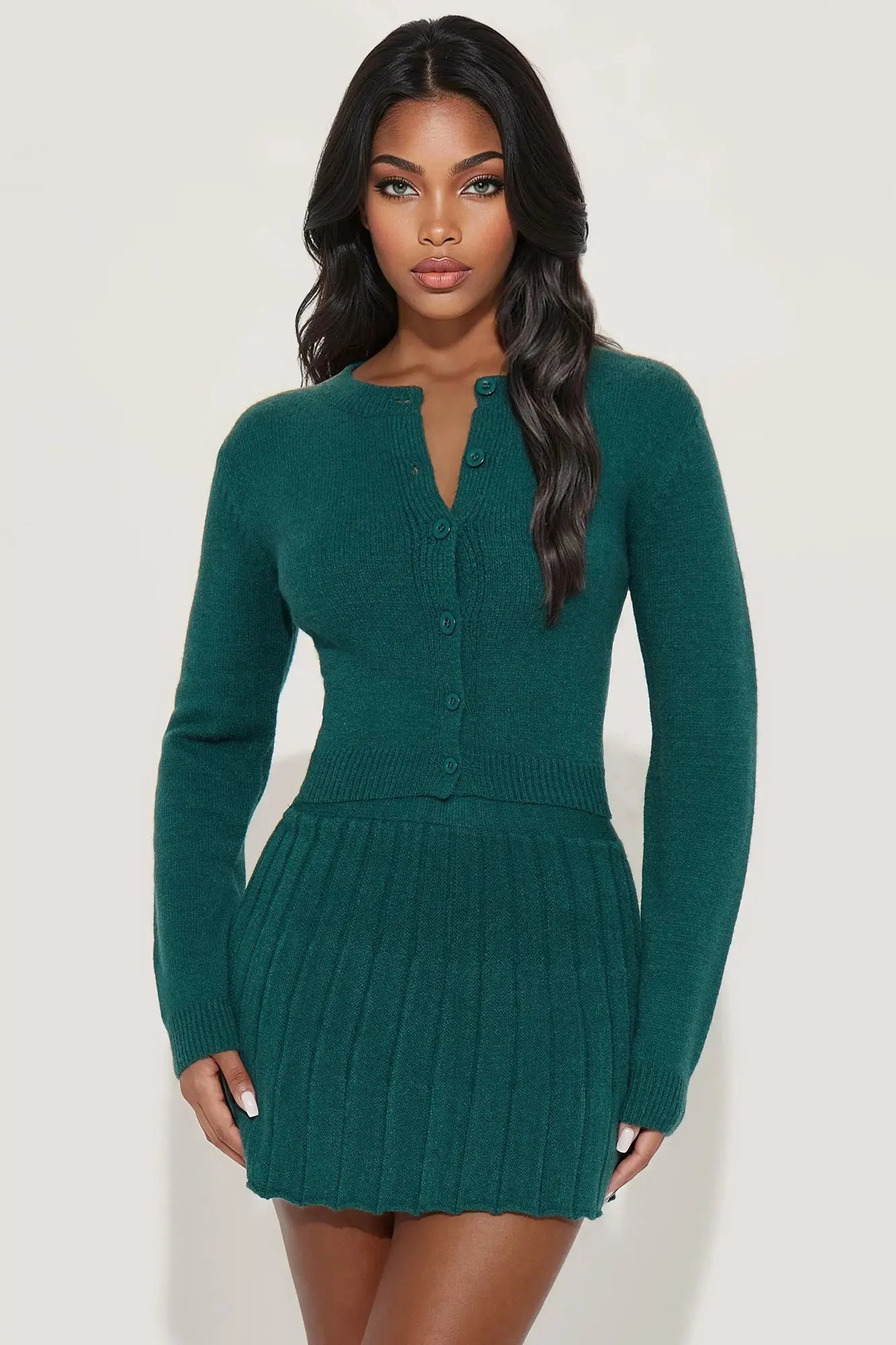 All Prepped Up Sweater Cardigan Mini Skirt Set - Hunter 