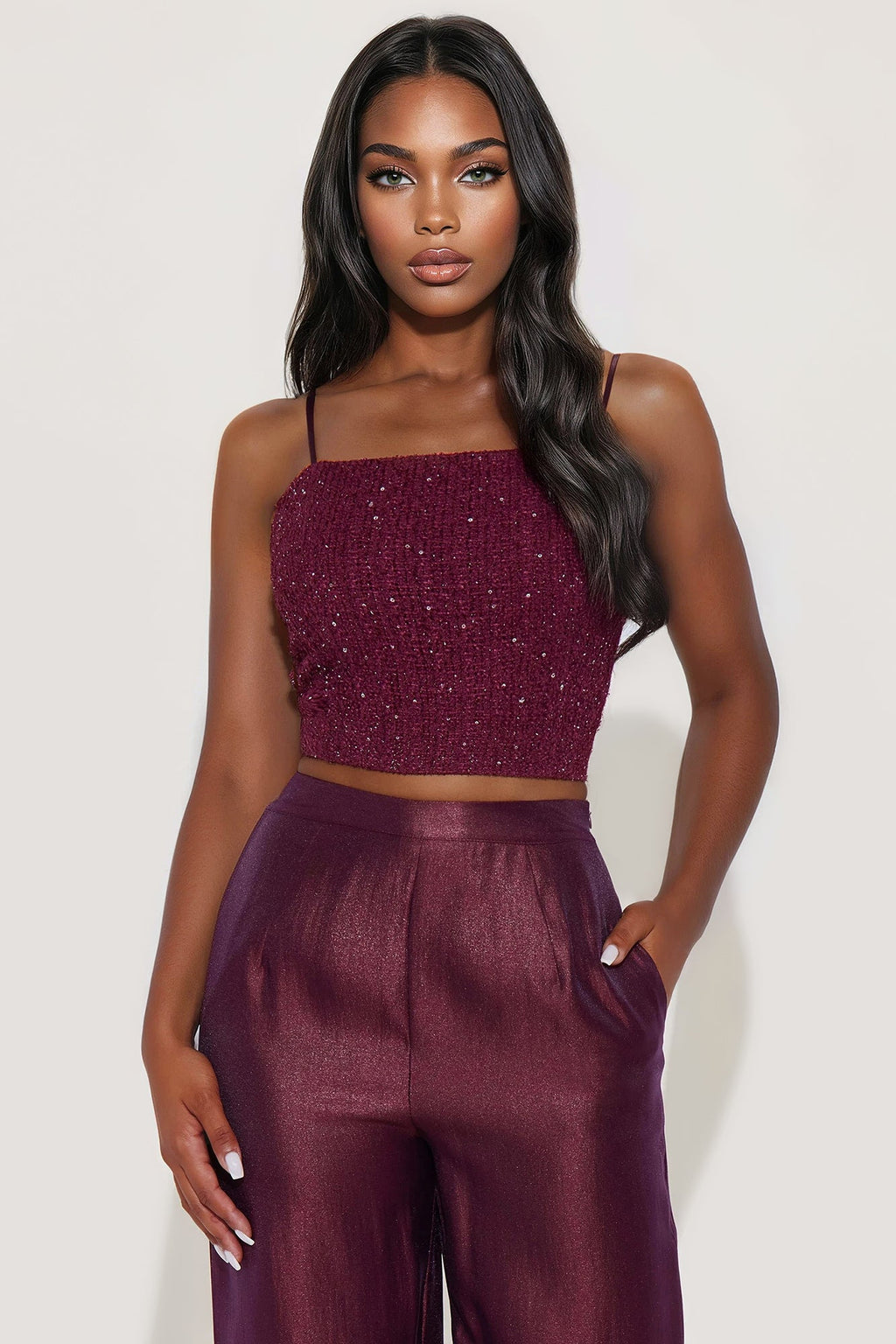 Reflected In Your Eyes Embellished Pant Set - Burgundy 