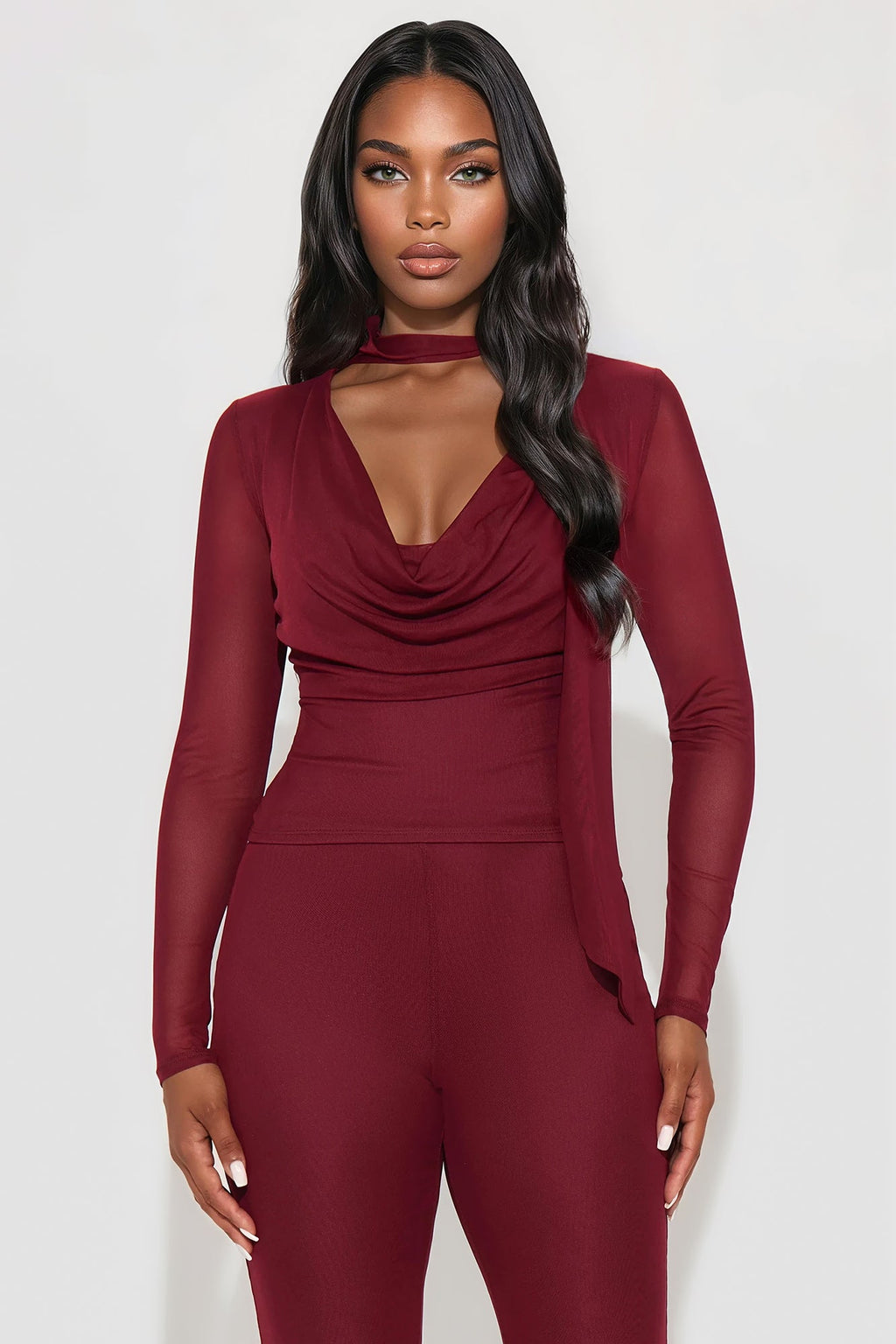 Maya Cowl Neck Scarf Top And Pant Set - Burgundy 