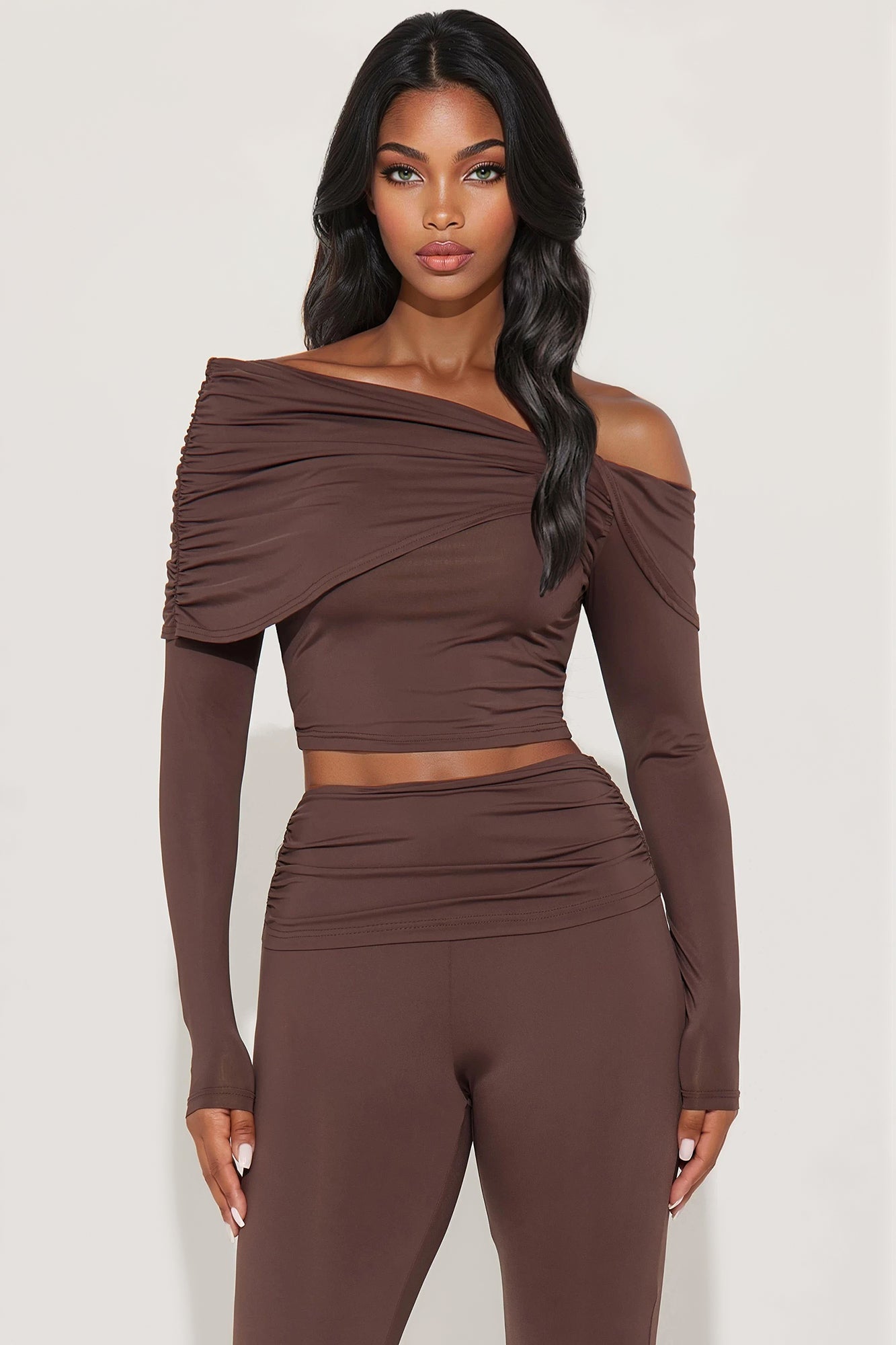 Athena Off Shoulder Pant Set - Chocolate 