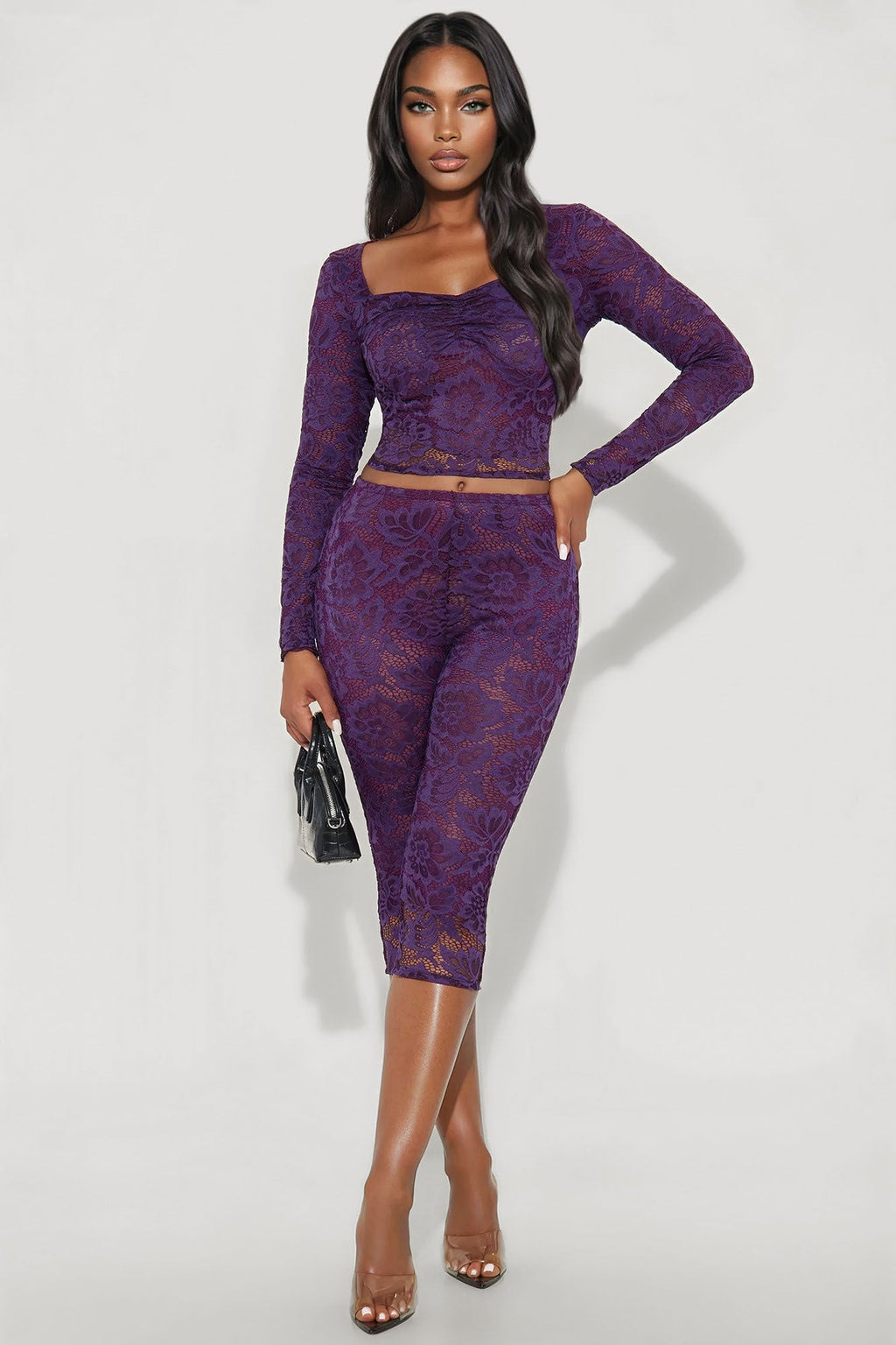 Victoria Lace Long Sleeve Capri Set - Plum 