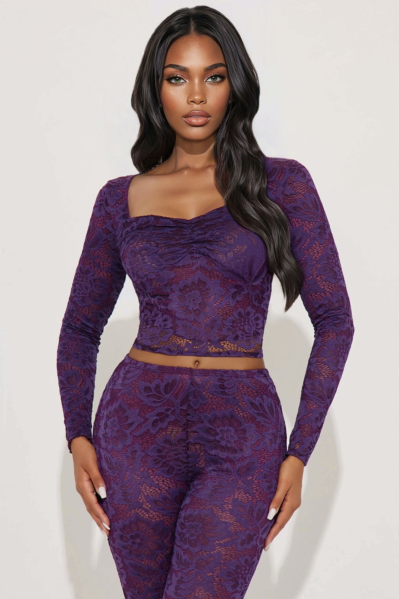 Victoria Lace Long Sleeve Capri Set - Plum 