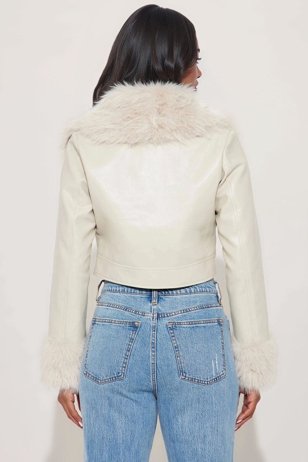 Roxanne Cropped Fur Faux Leather Coat - Stone 