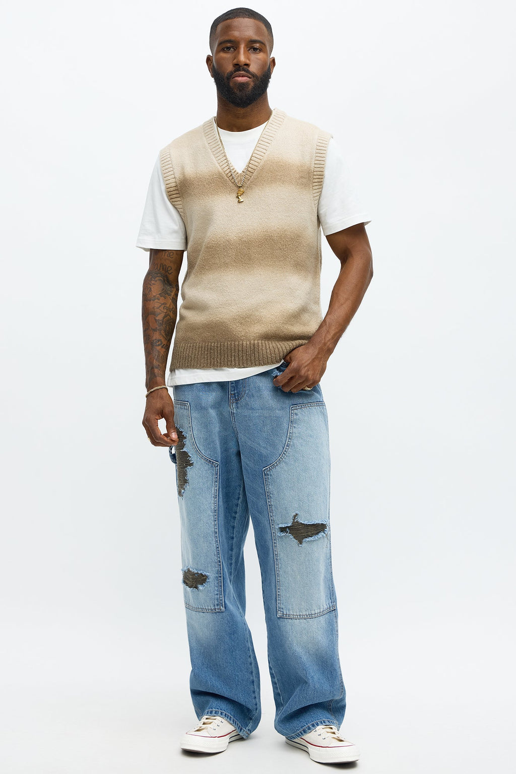 Baggy Contrast Distressed Carpenter Jeans - Medium Blue Wash