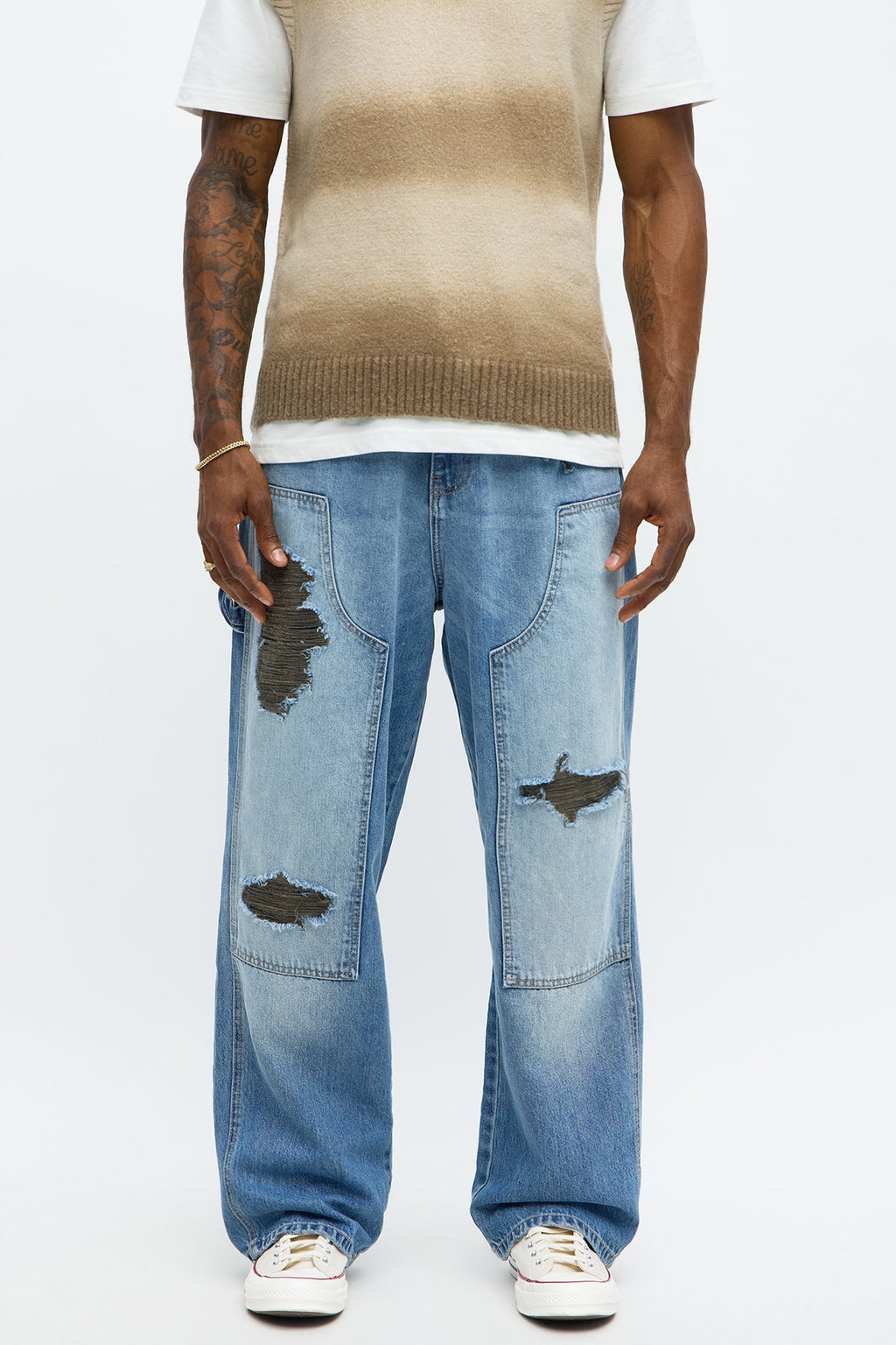 Baggy Contrast Distressed Carpenter Jeans - Medium Blue Wash