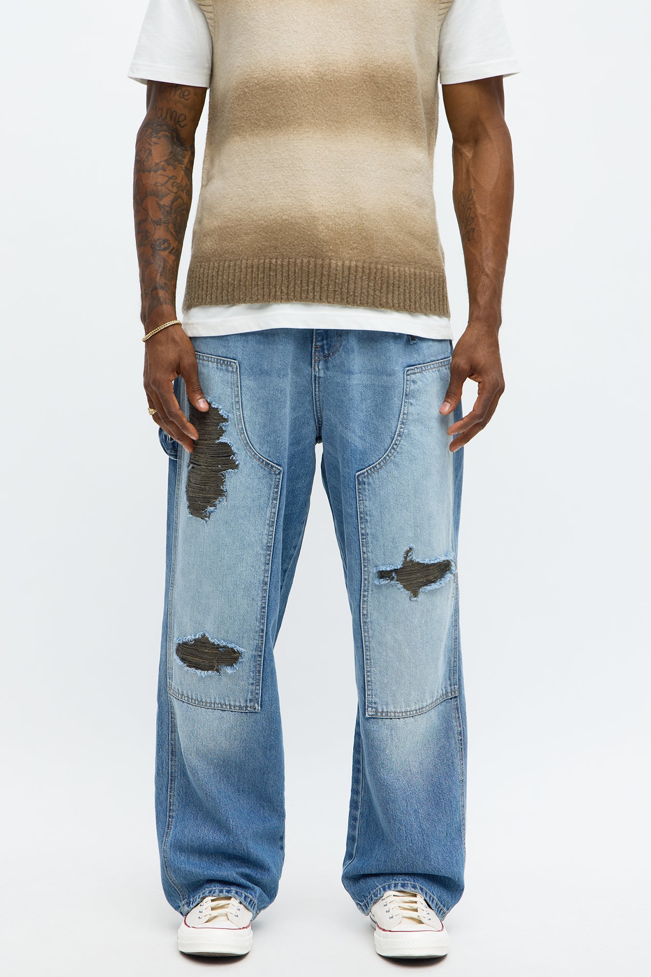 Baggy Contrast Distressed Carpenter Jeans - Medium Blue Wash