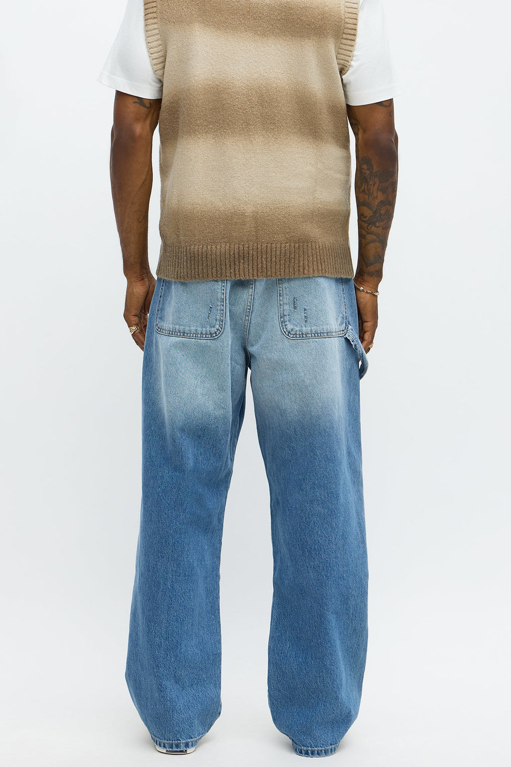 Baggy Contrast Distressed Carpenter Jeans - Medium Blue Wash