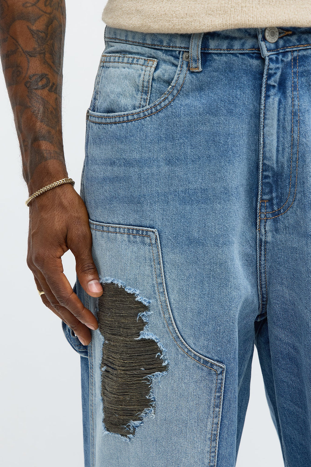 Baggy Contrast Distressed Carpenter Jeans - Medium Blue Wash