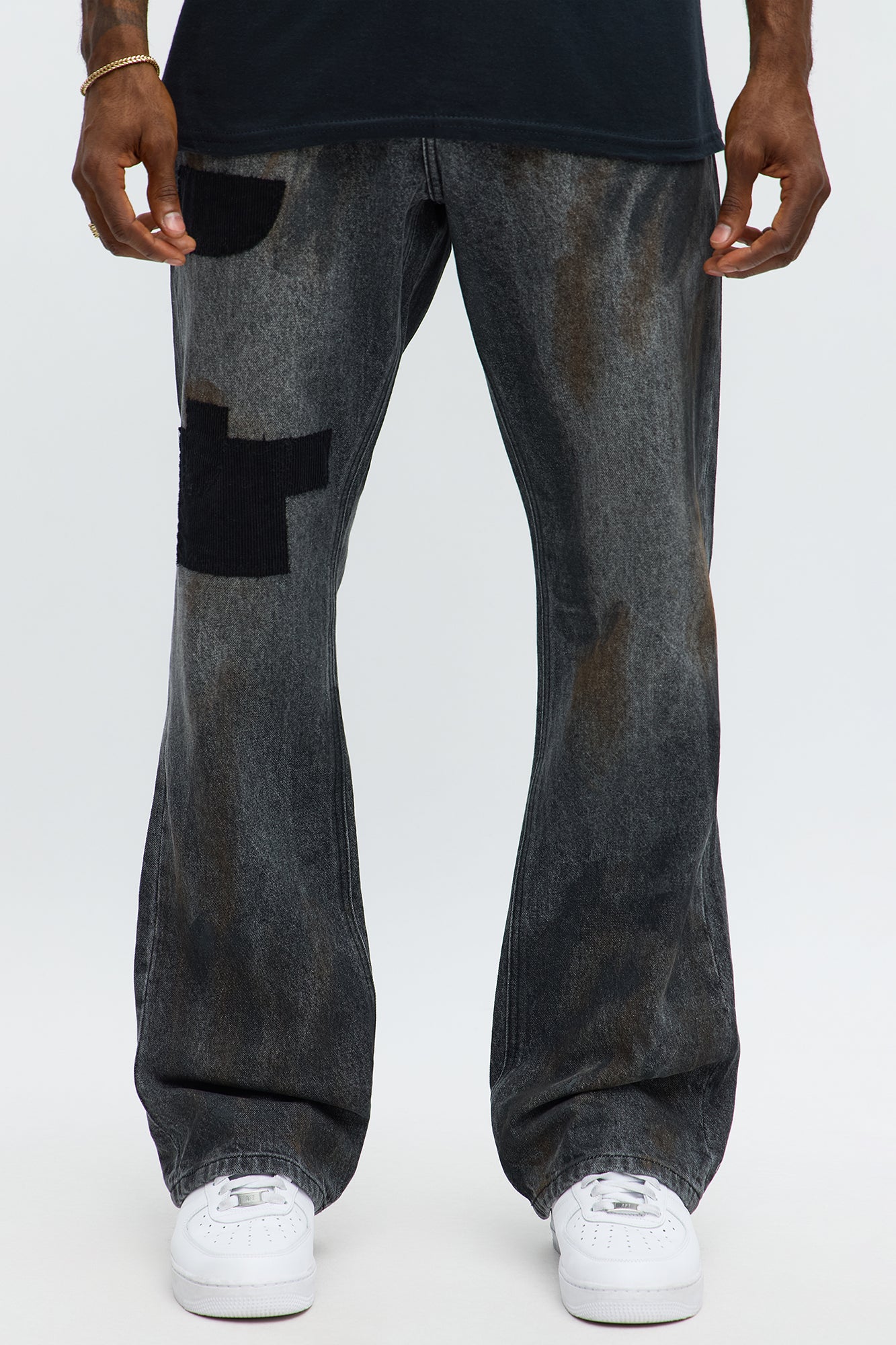 Stacked Slim Flare Patch Here Distressed Jeans - Black Wash