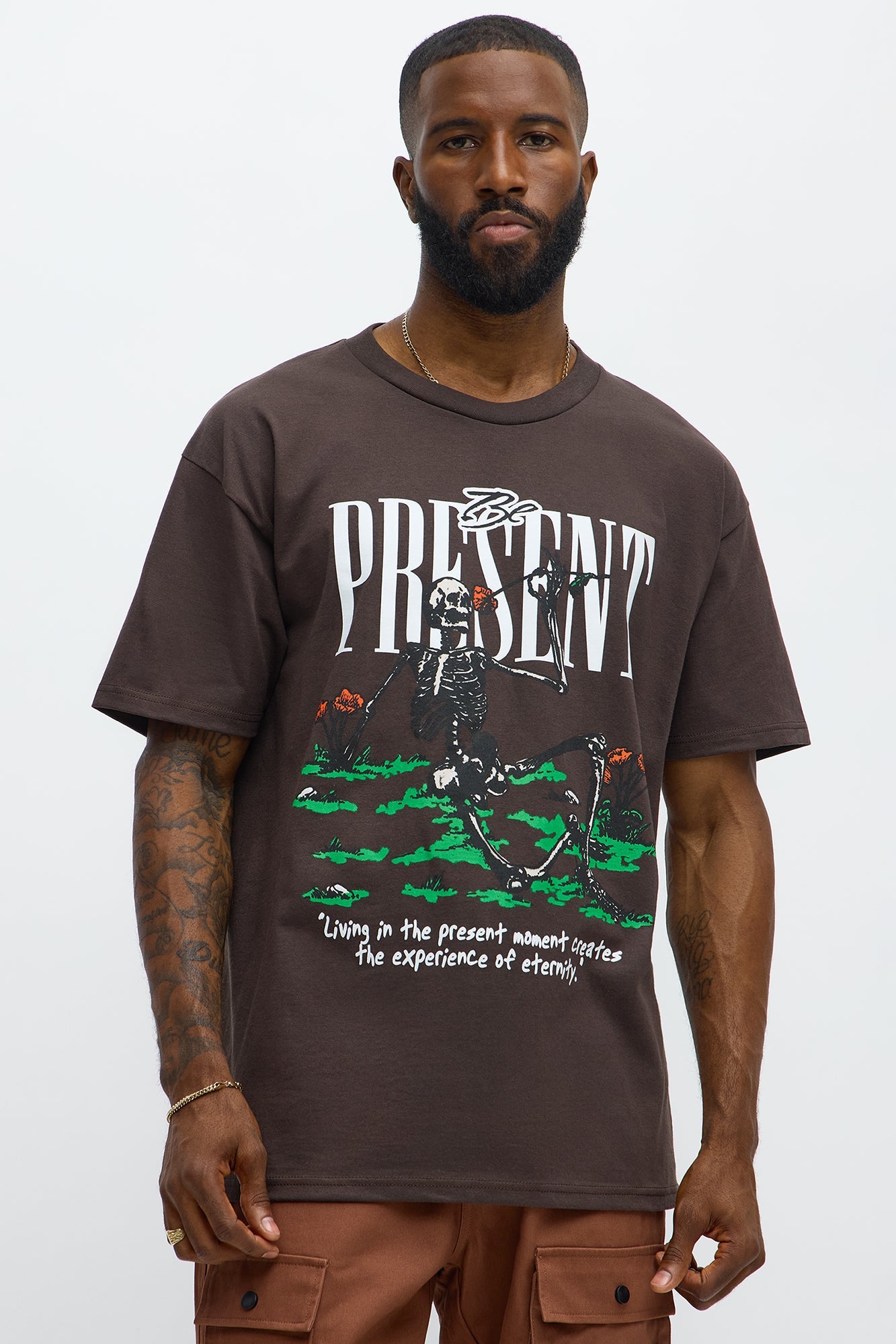 Stop Scrolling Be Present Short Sleeve Tee - Brown