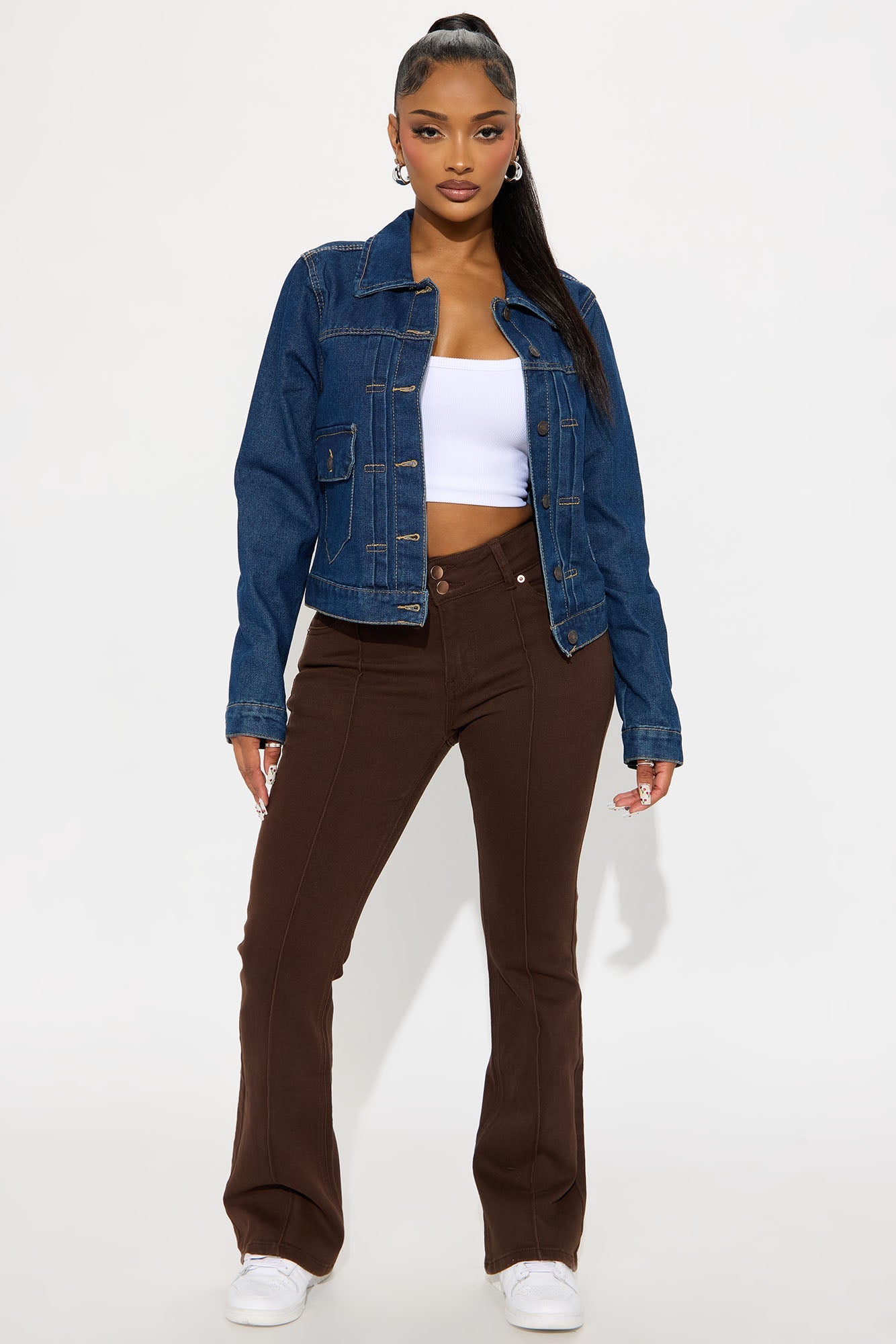 Petite London Low Rise Pintuck Flare Jeans - Brown