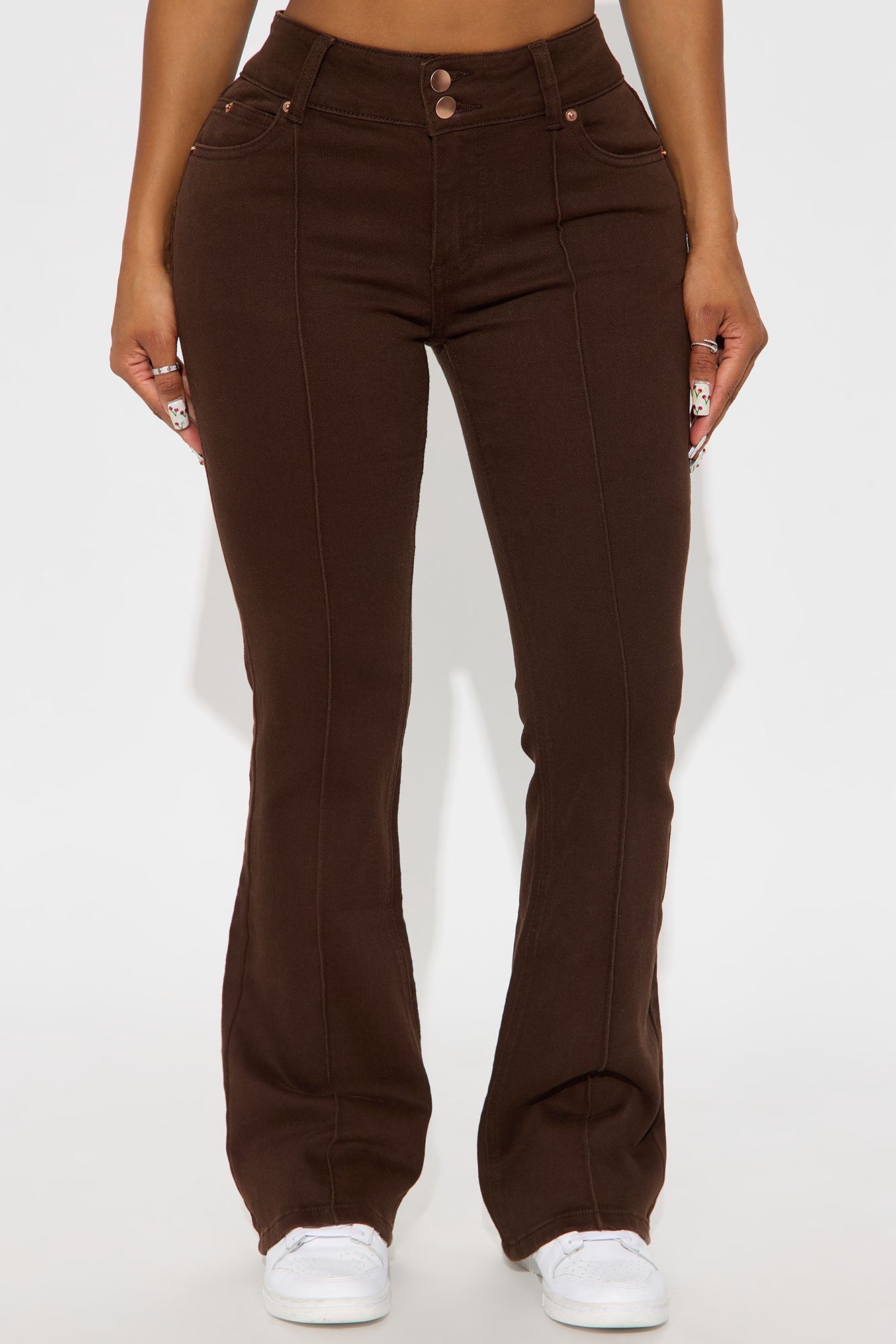 Petite London Low Rise Pintuck Flare Jeans - Brown