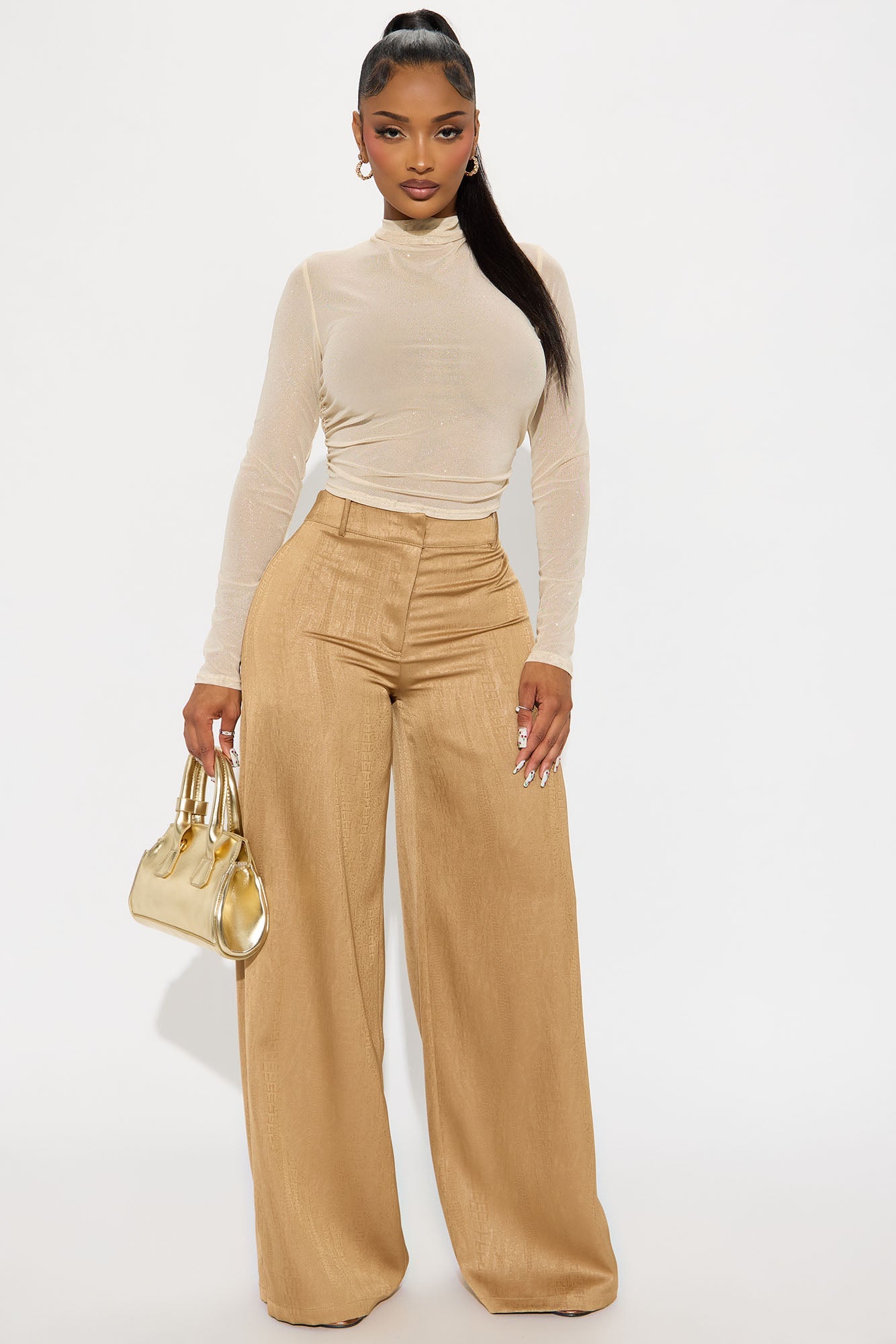 Drea Glitter Mesh Mock Neck Top - Gold