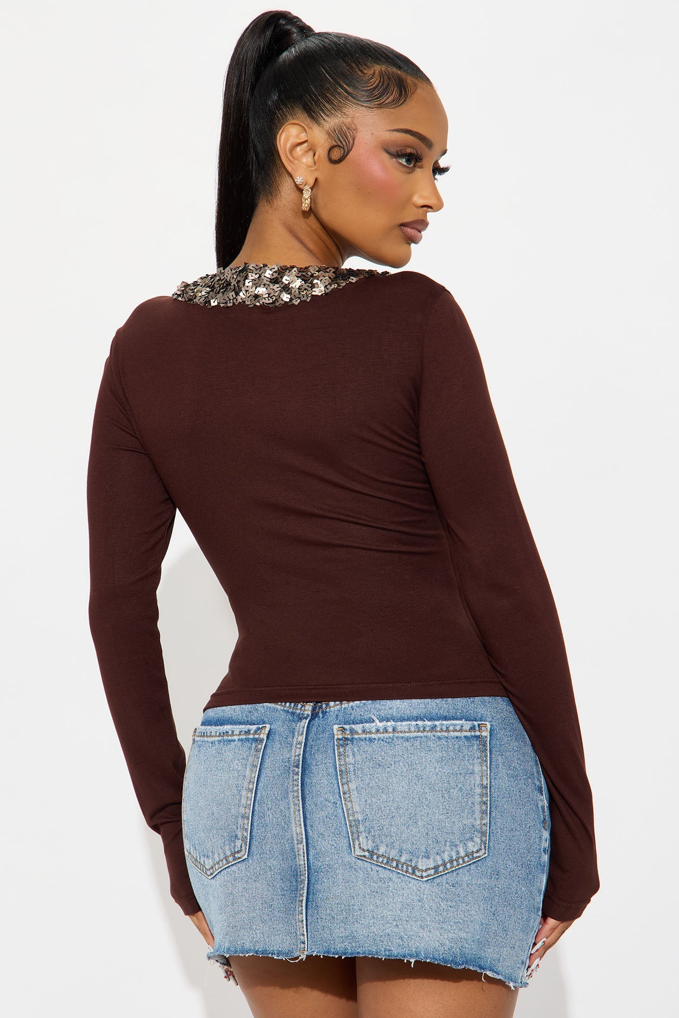 Rumi Long Sleeve Sequin Top - Chocolate