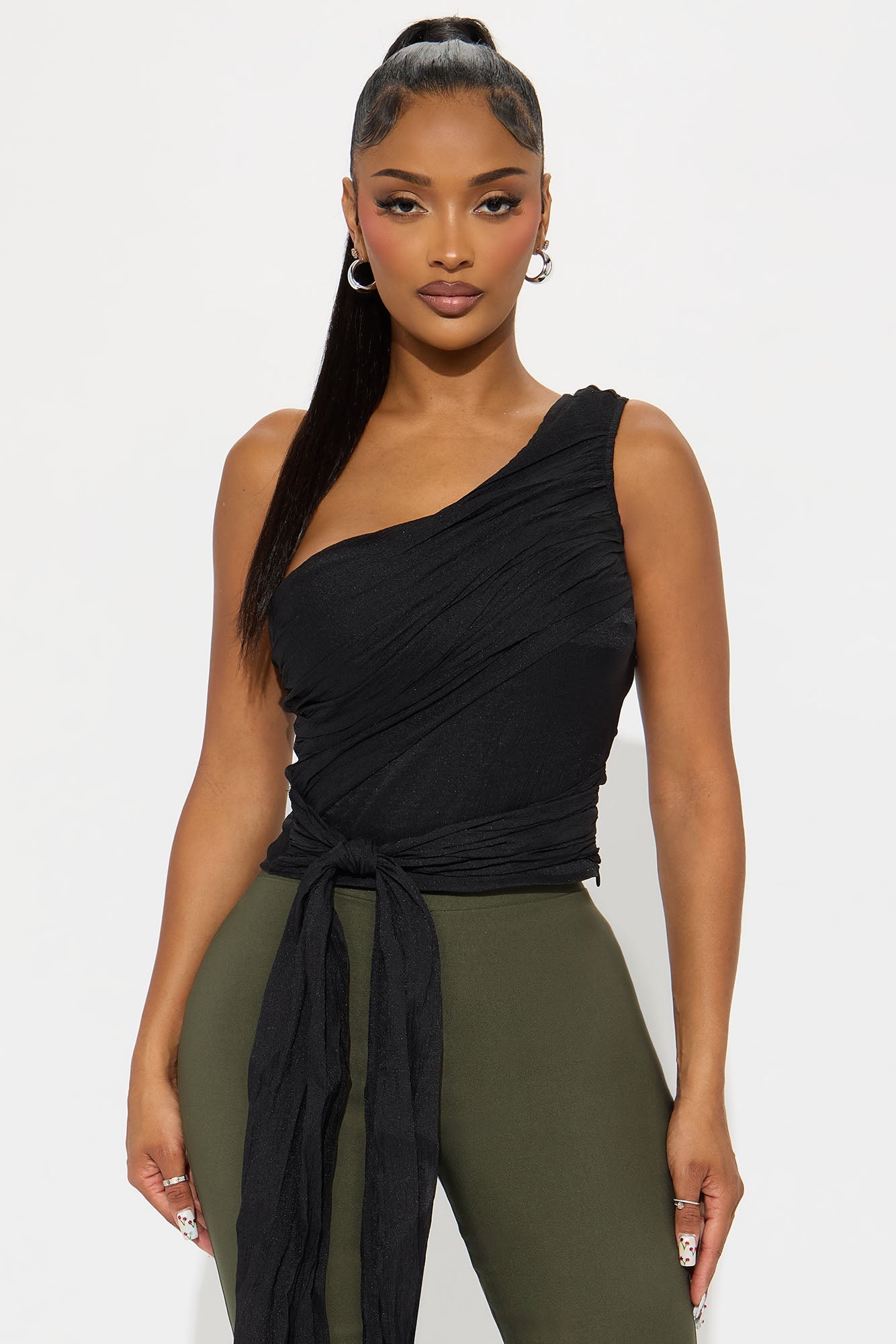 Yasmin One Shoulder Chiffon Top - Black