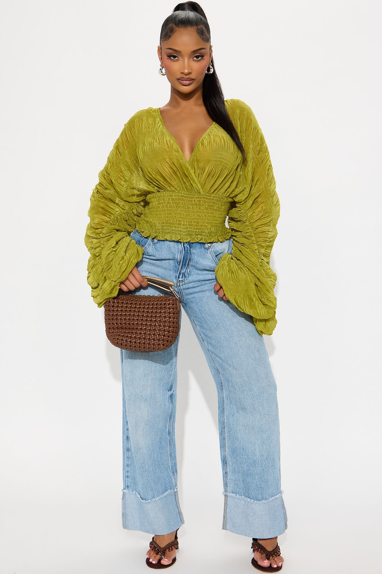 Keep Dreaming Surplice Gauze Long Sleeve Blouse - Chartreuse