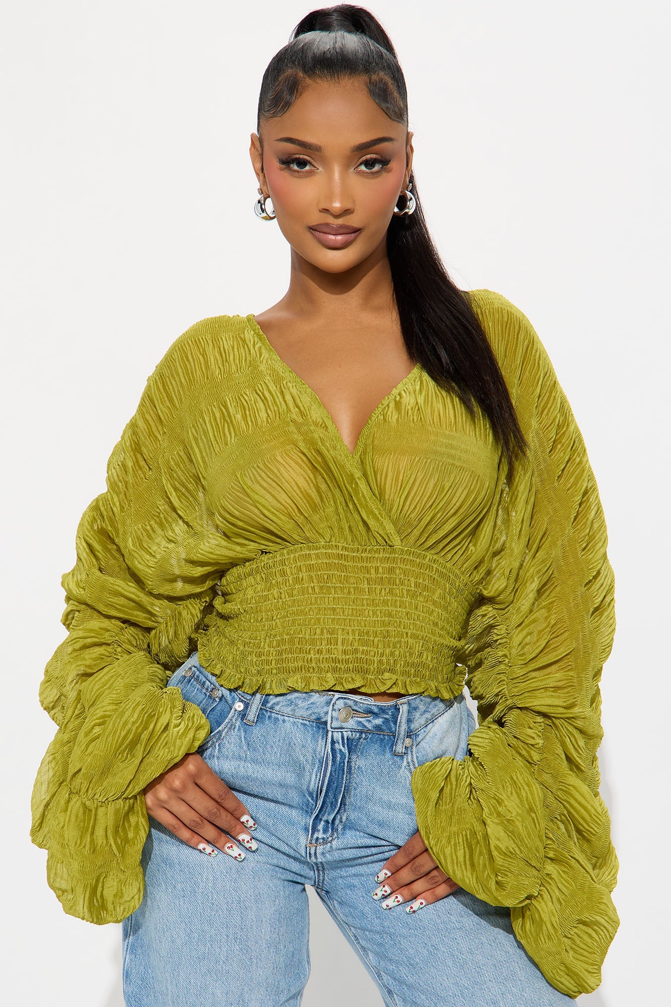 Keep Dreaming Surplice Gauze Long Sleeve Blouse - Chartreuse