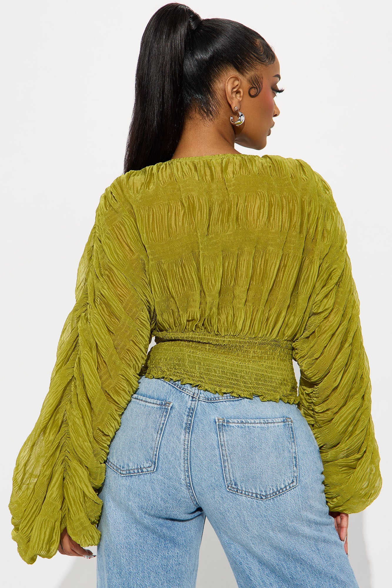 Keep Dreaming Surplice Gauze Long Sleeve Blouse - Chartreuse