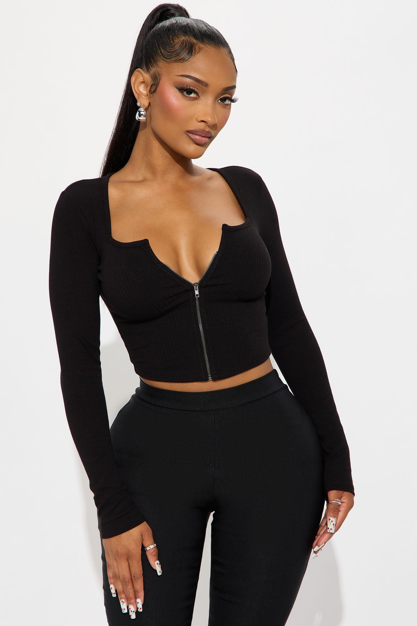 Tune In Ribbed Long Sleeve Top - Black