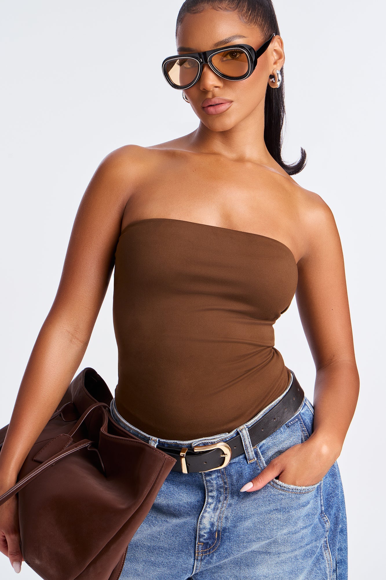 Alli Double Lined  Strapless Bodysuit - Brown
