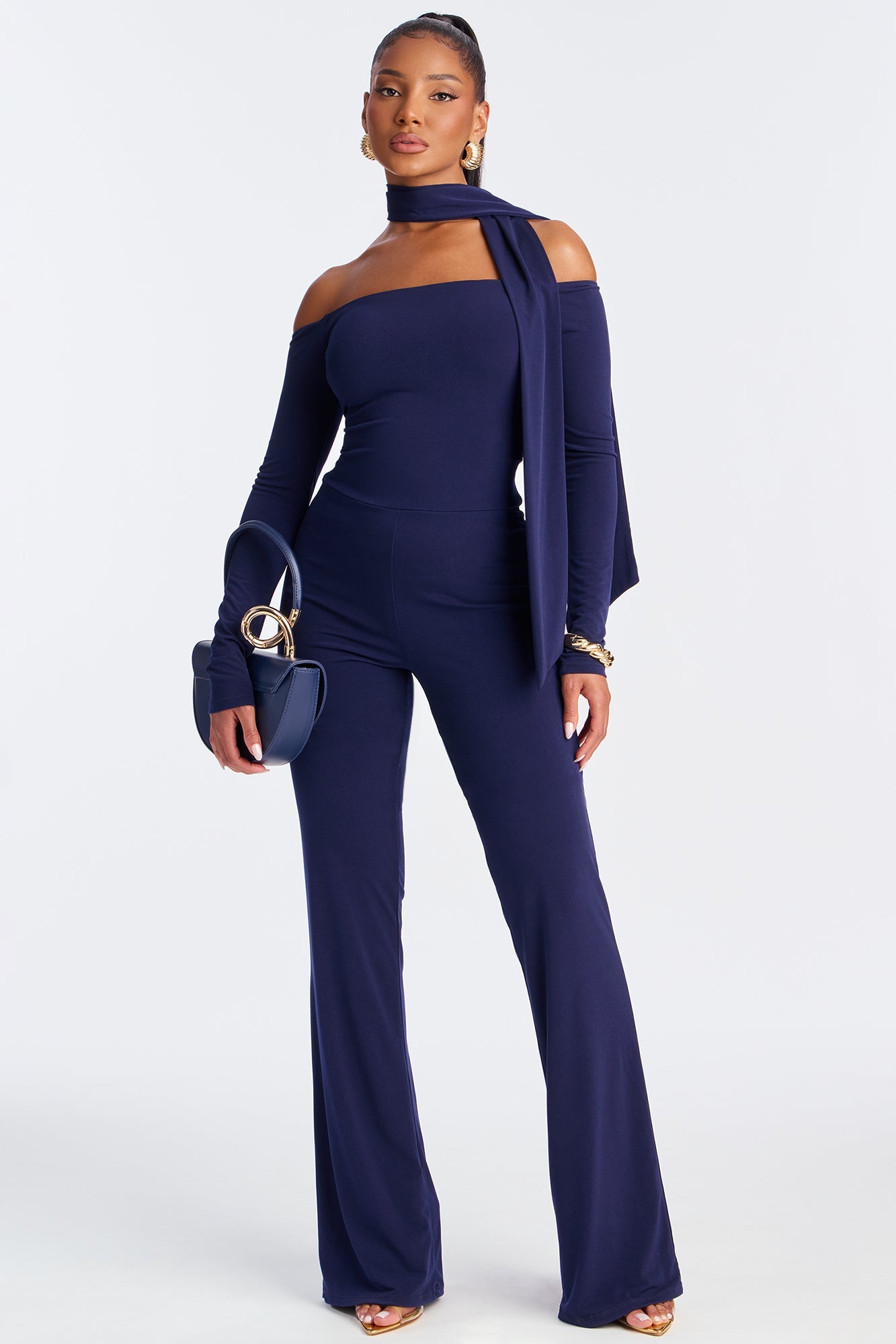Mirella 2 Piece Off Shoulder Scarf Jumpsuit - Navy