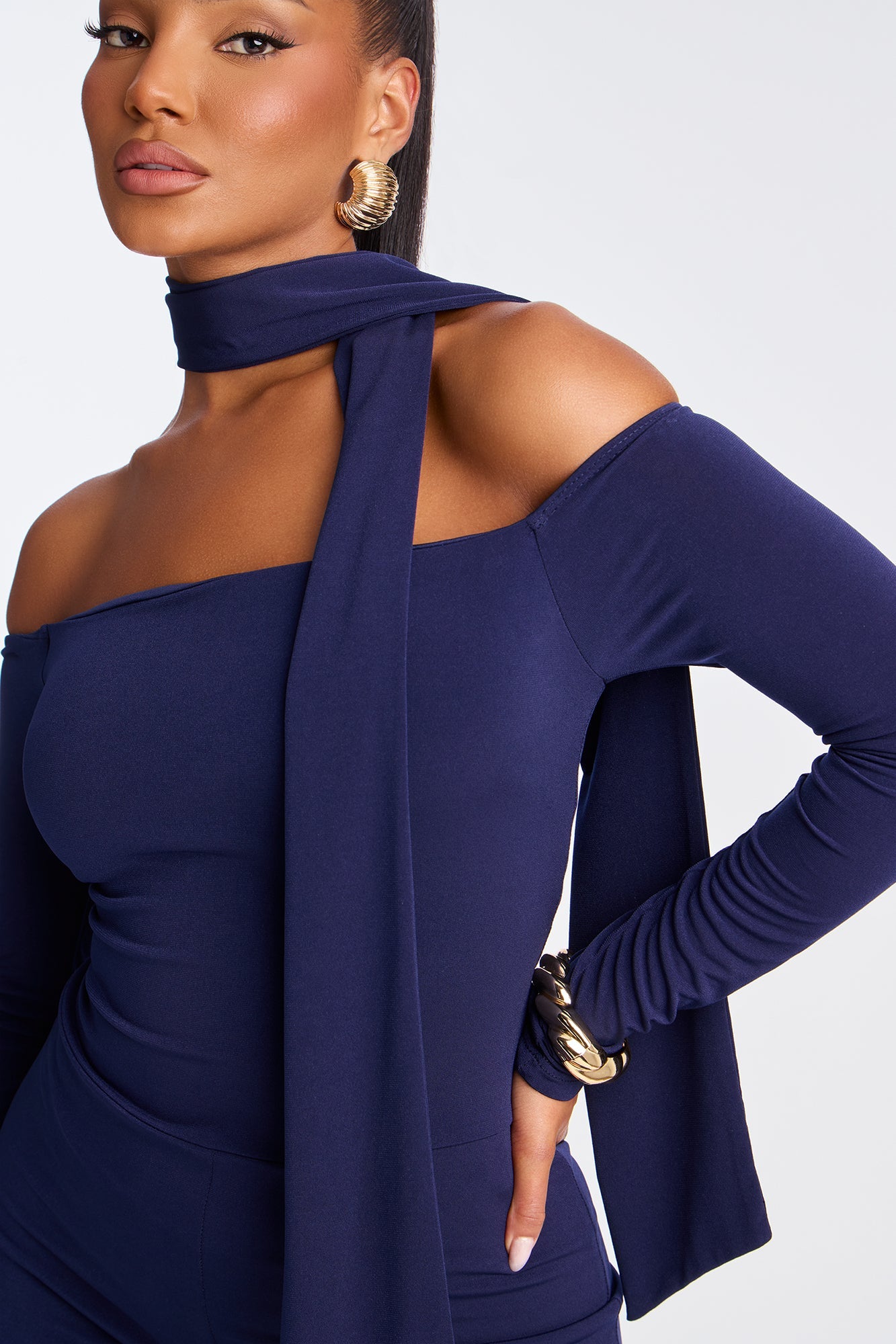 Mirella 2 Piece Off Shoulder Scarf Jumpsuit - Navy