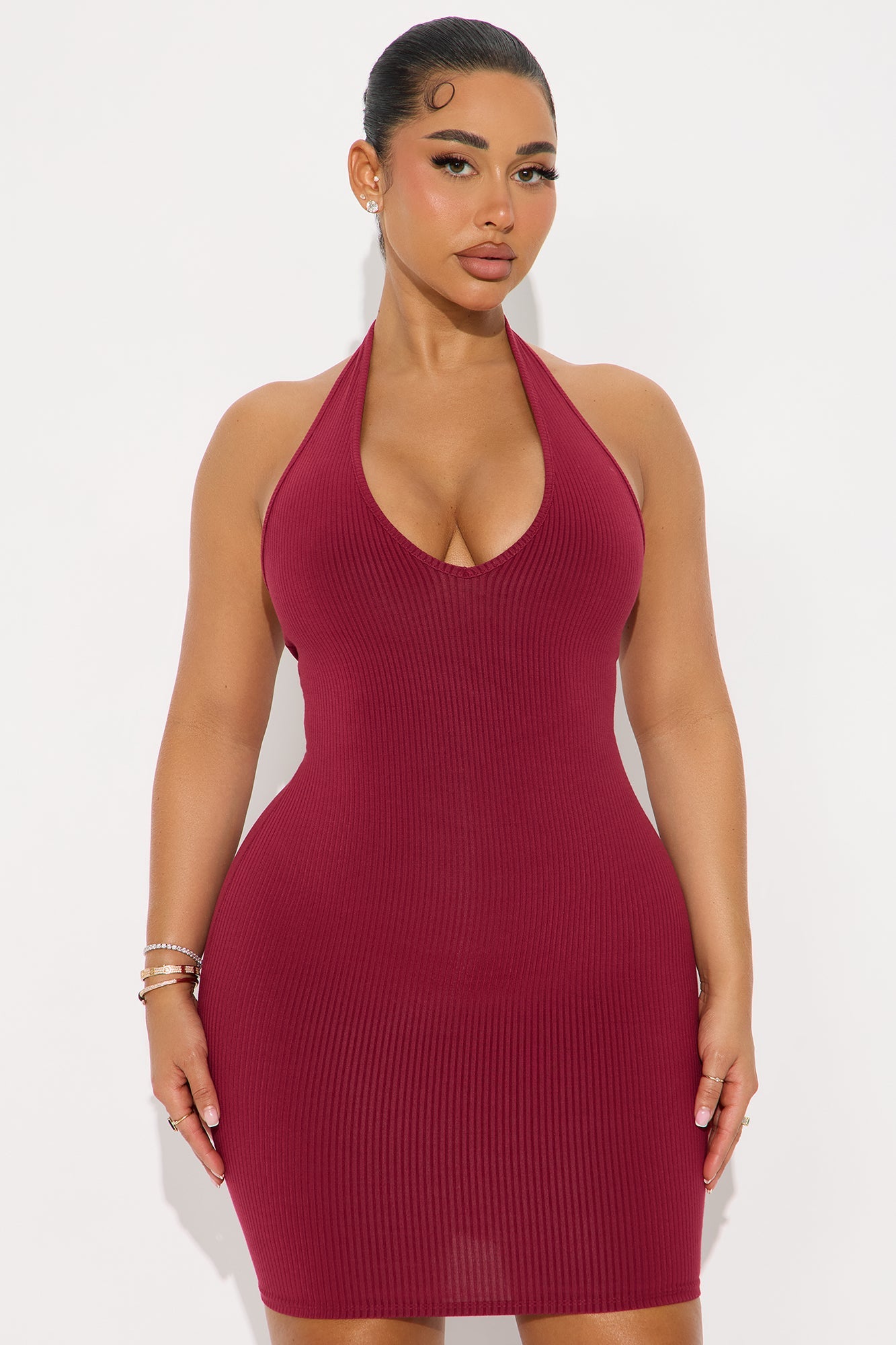 Celeste Snatched Halter Mini Dress - Burgundy