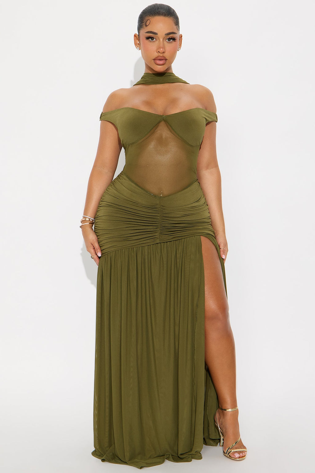 Naiya Off Shoulder Ruched Gown - Olive