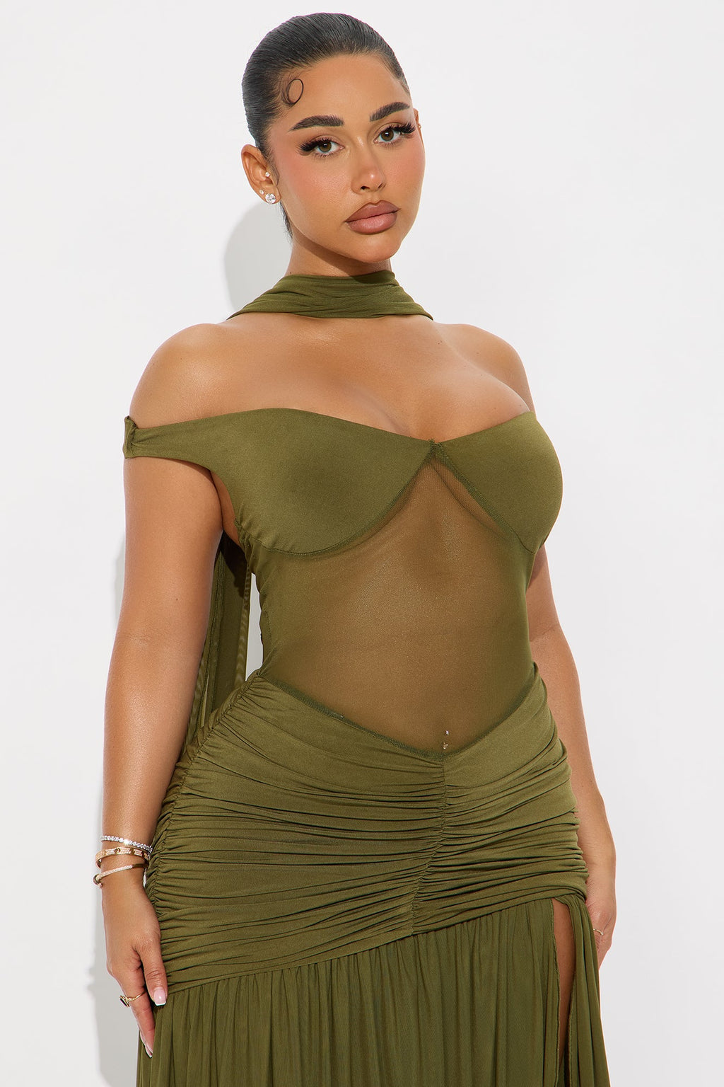 Naiya Off Shoulder Ruched Gown - Olive
