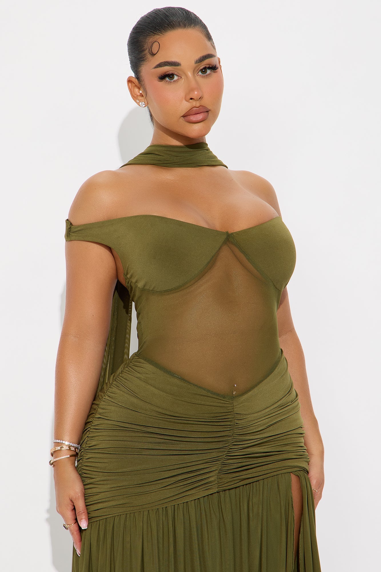 Naiya Off Shoulder Ruched Gown - Olive