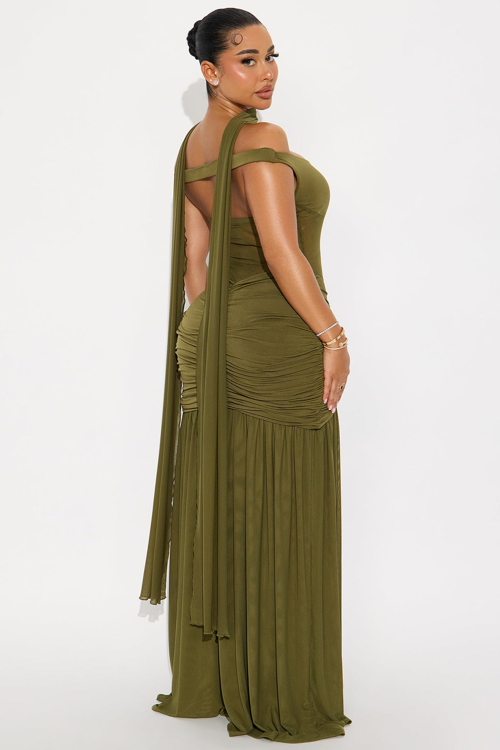 Naiya Off Shoulder Ruched Gown - Olive