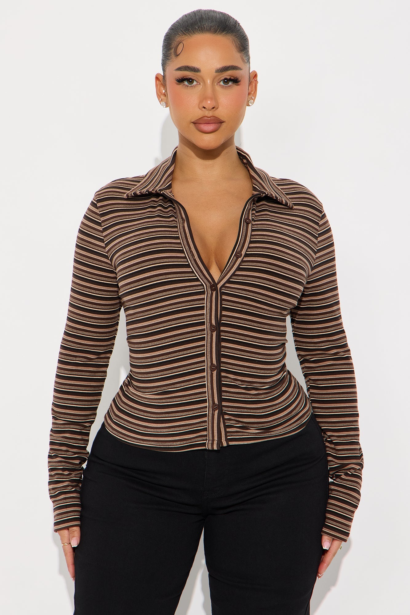Trudy Striped Button Up Shirt - Brown/combo