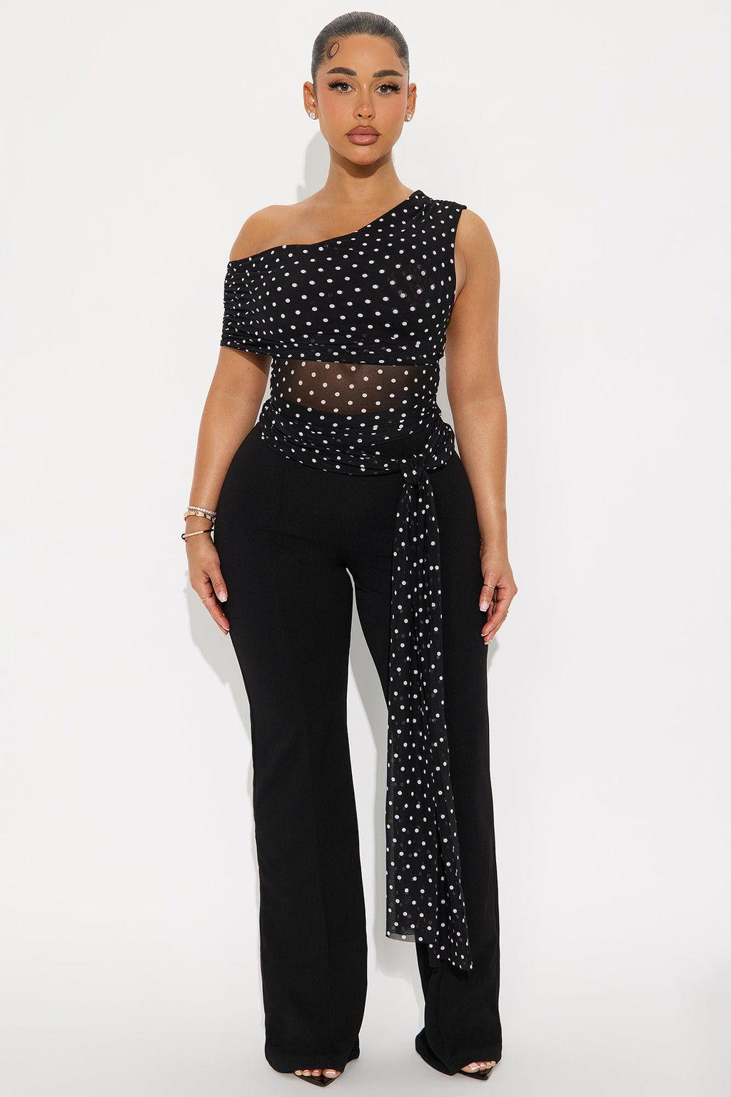 Kylie Polka Dot Off Shoulder Mesh Top - Black/White