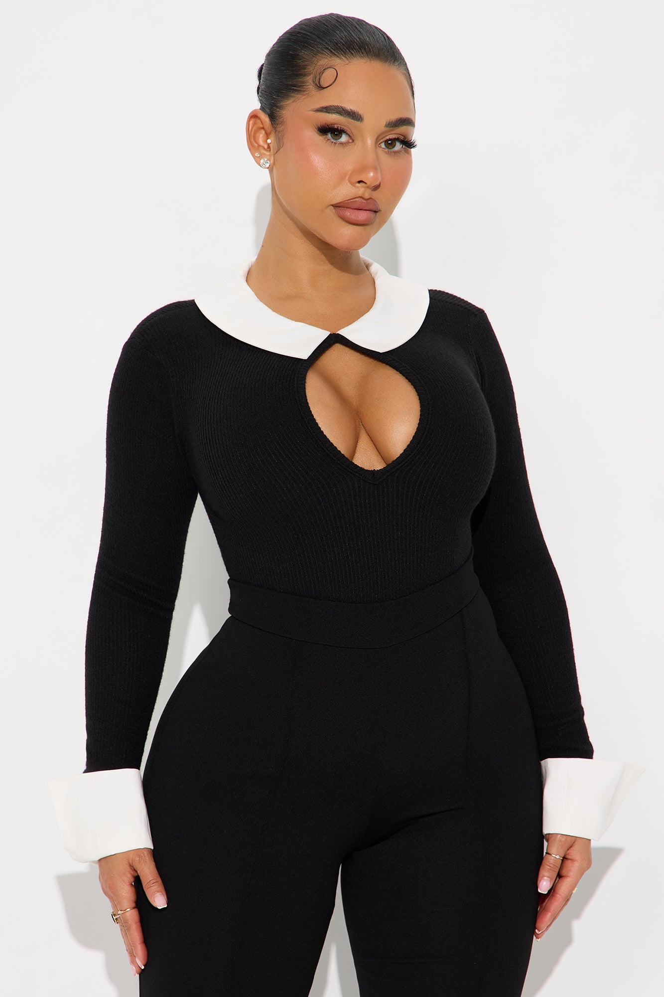 Holly Ribbed Collared Bodysuit - Black/combo