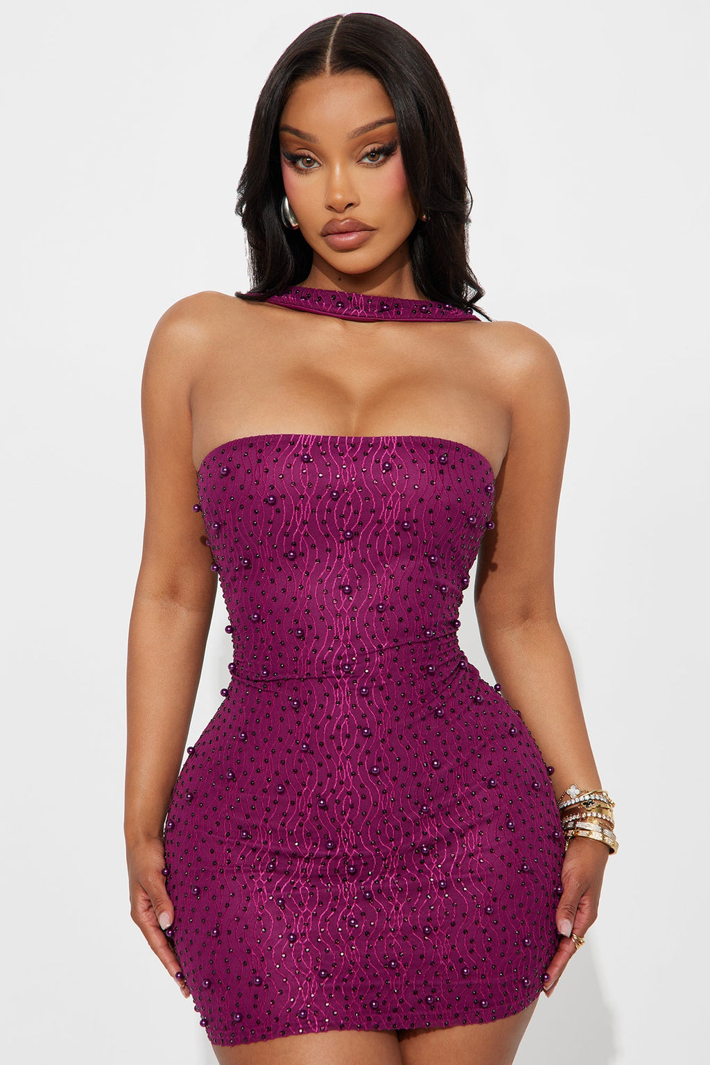 Kaia Embellished Mesh Mini Dress - Eggplant