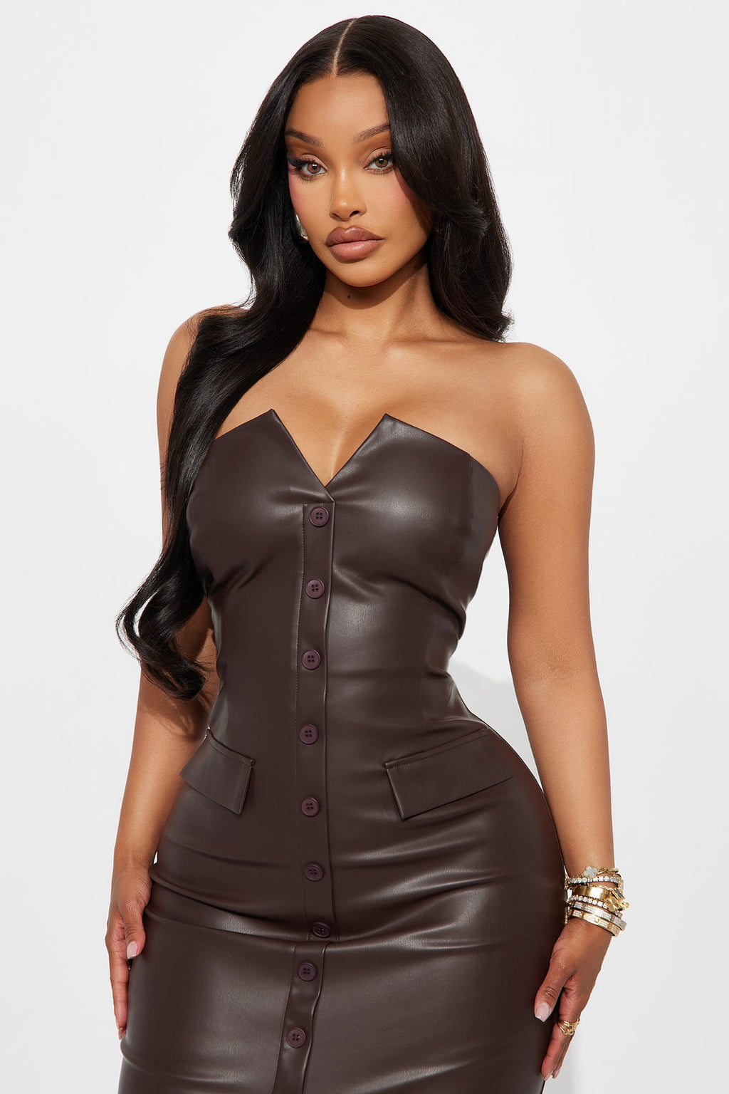 Jana Faux Leather Midi Dress - Brown