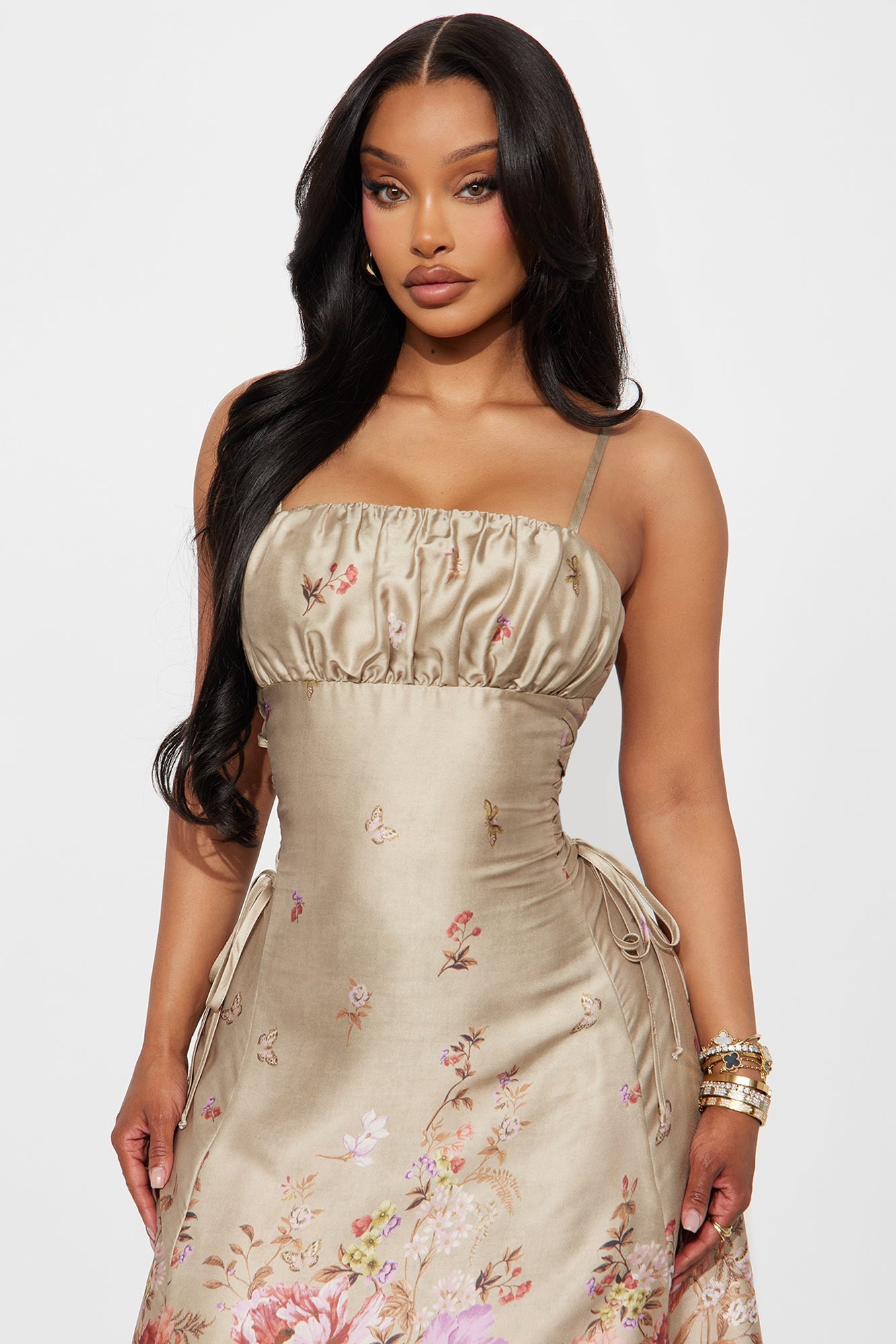 Selene Floral Satin Midi Dress - Brown