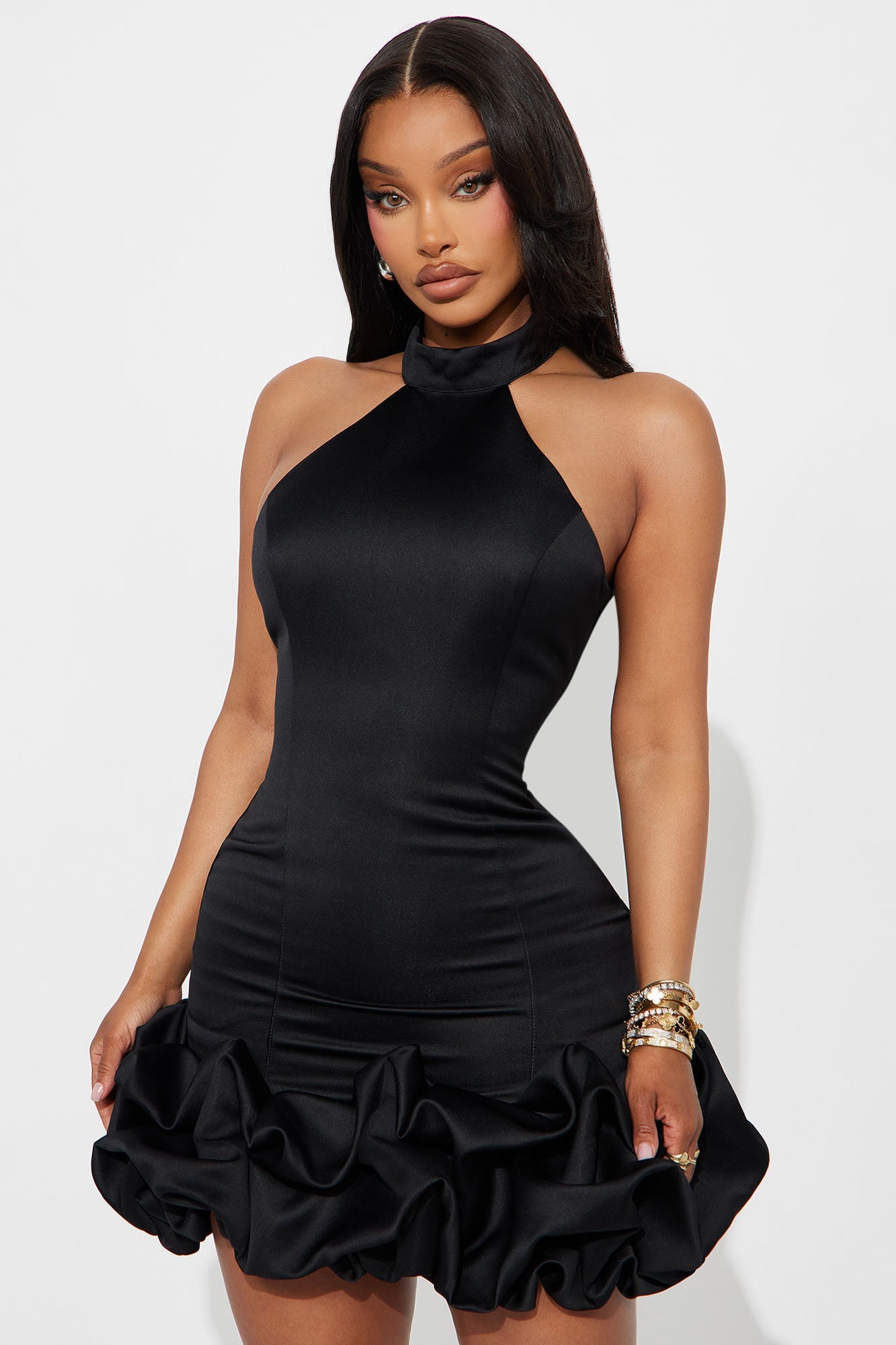 Sienna Satin High Neck Mini Dress - Black