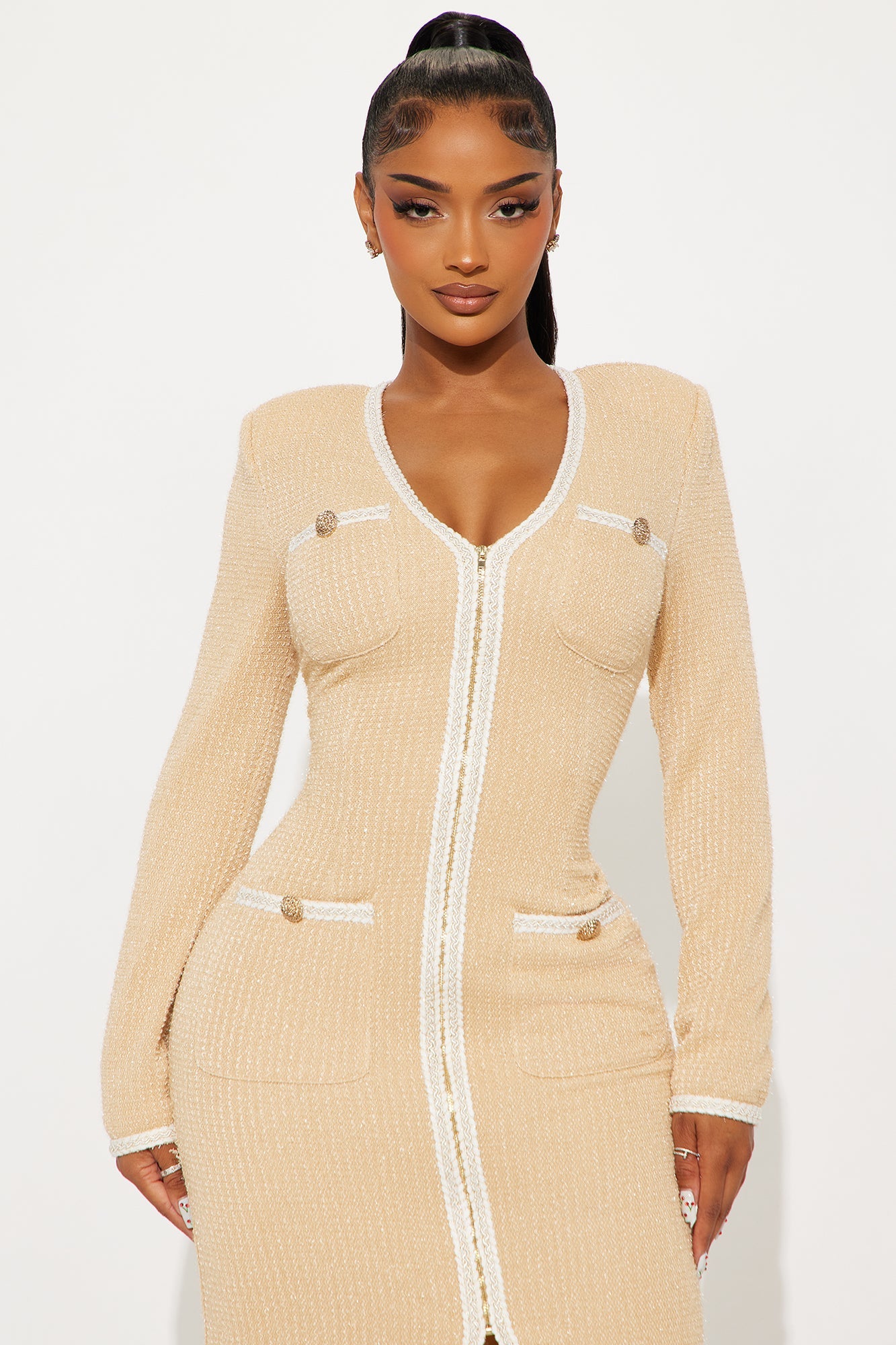 Casey Tweed Midi Dress - Khaki/combo