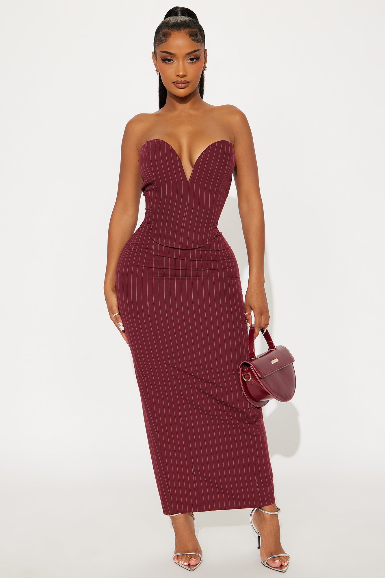 Girl Boss Corset Pinstripe Maxi Skirt Set - Burgundy
