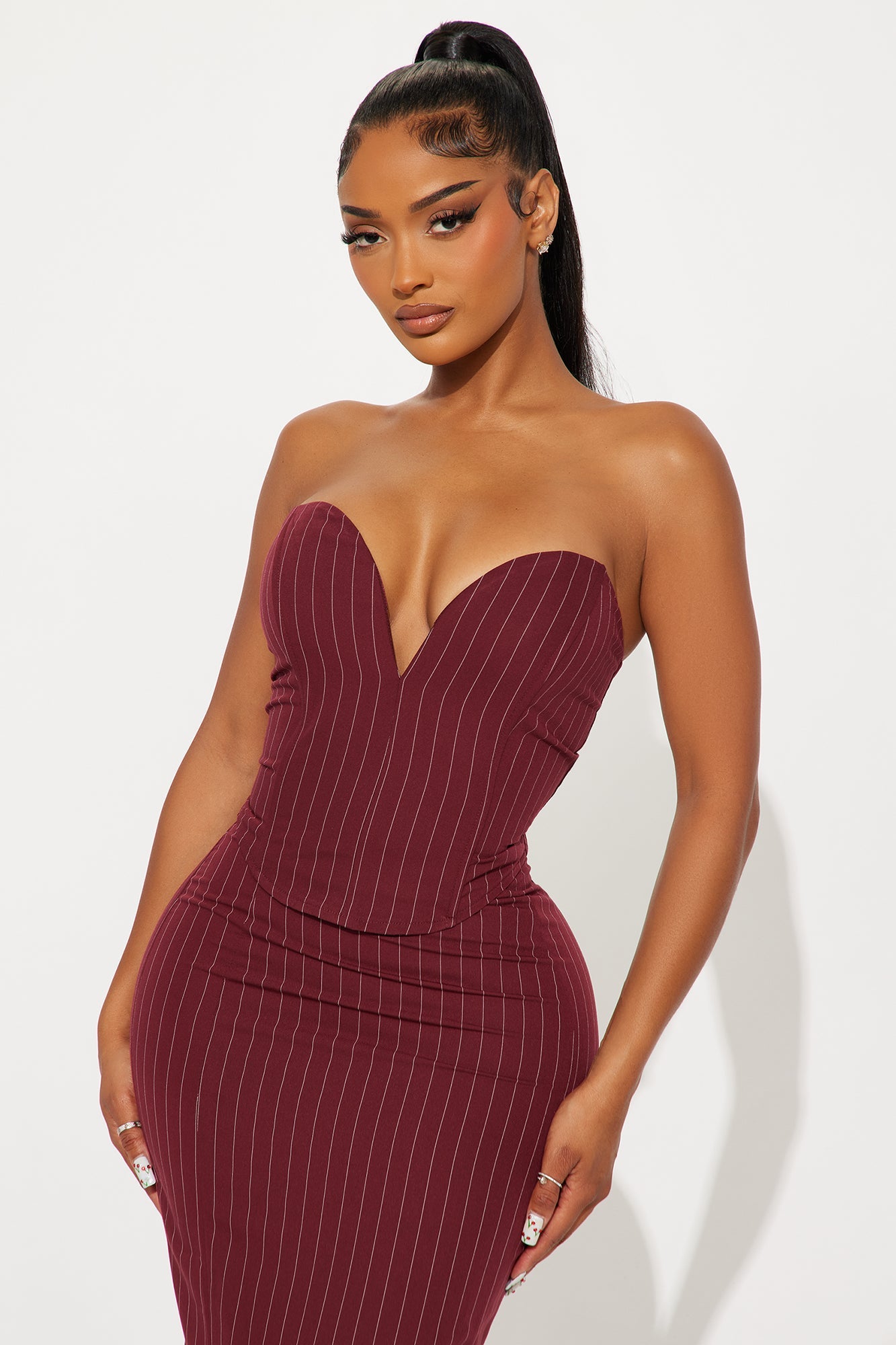 Girl Boss Corset Pinstripe Maxi Skirt Set - Burgundy