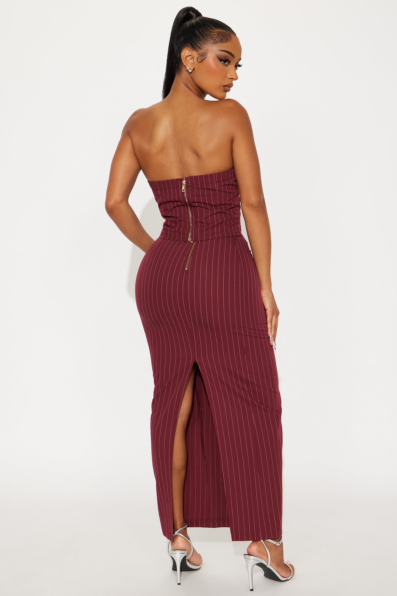 Girl Boss Corset Pinstripe Maxi Skirt Set - Burgundy