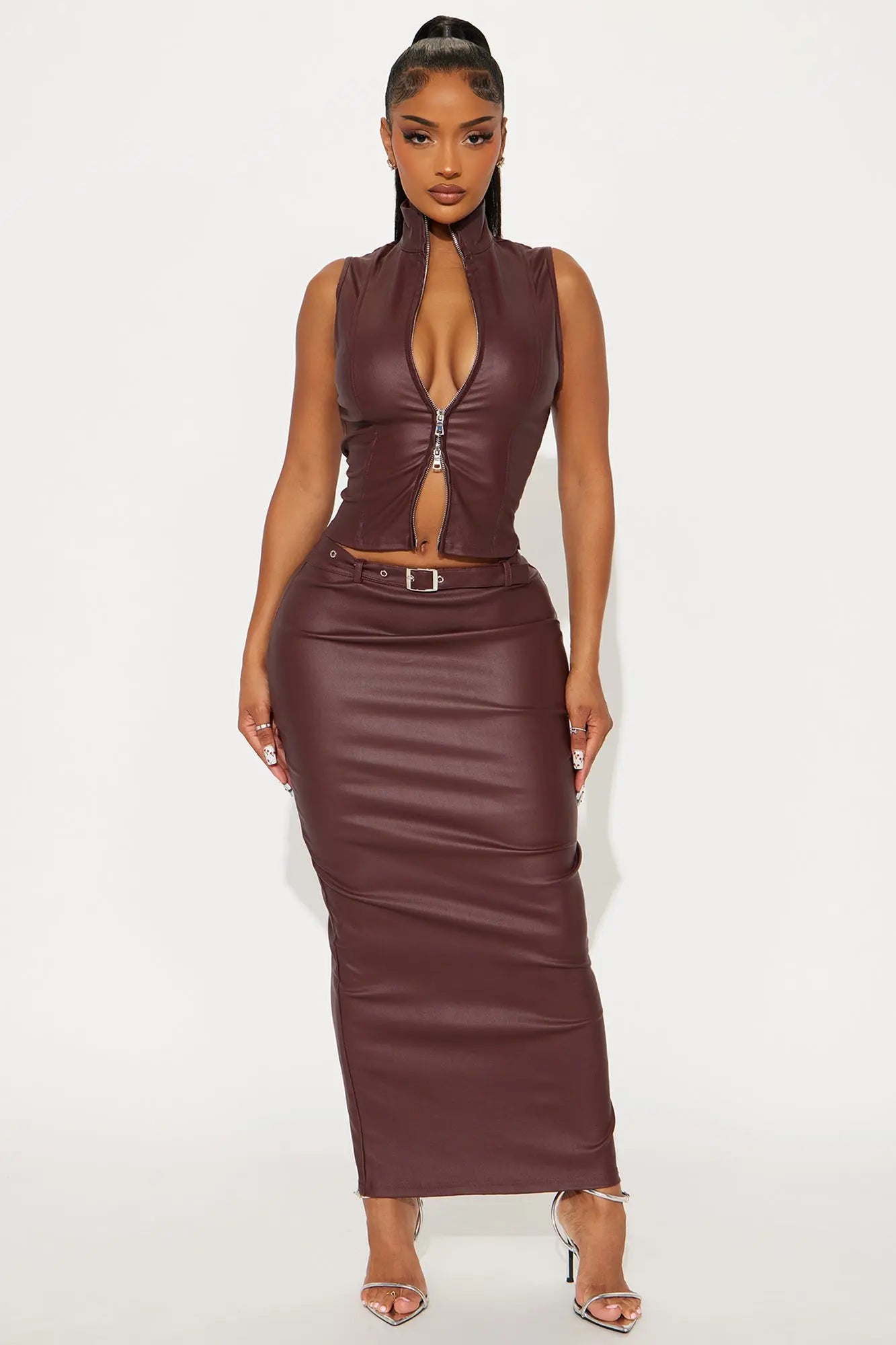 Play For Keeps Faux Leather Belted Skirt Set - Wine 