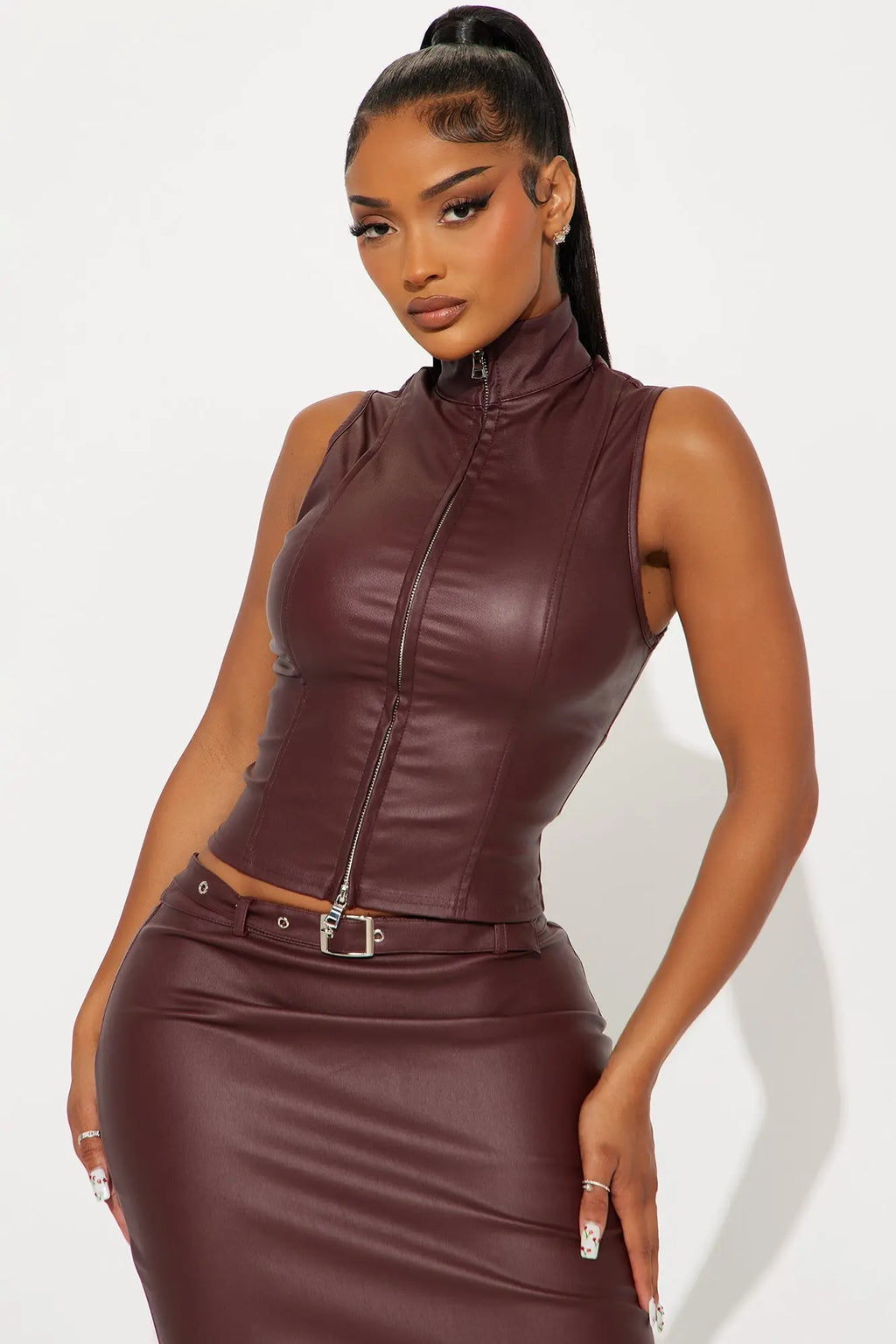 Play For Keeps Faux Leather Belted Skirt Set - Wine 