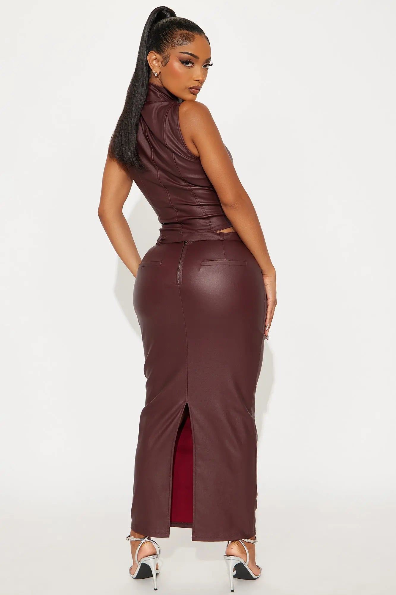 Play For Keeps Faux Leather Belted Skirt Set - Wine 