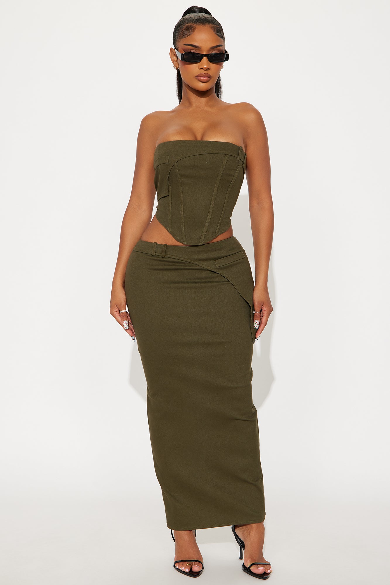 State Of Mind Stretch Twill Cargo Maxi Skirt Set - Olive
